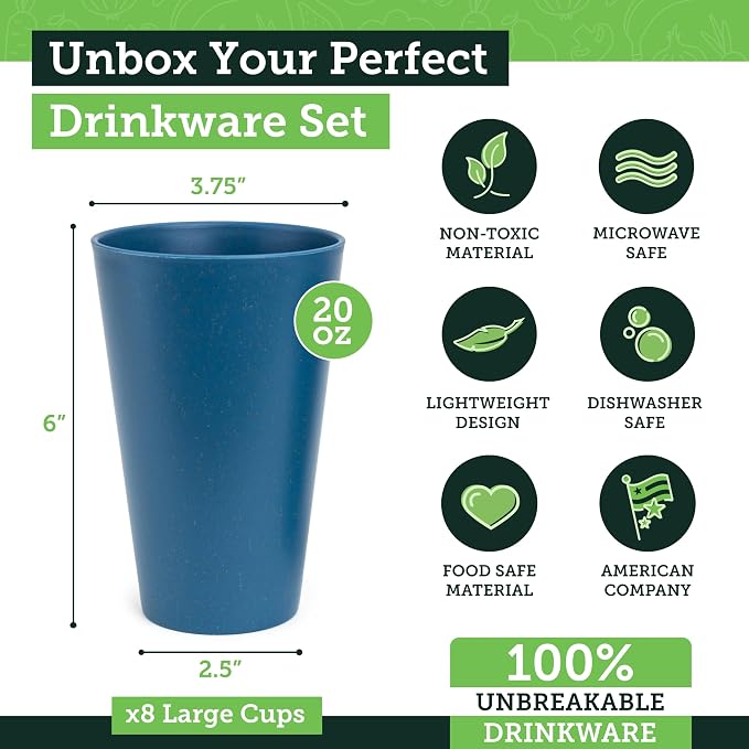 Grow Forward Premium Wheat Straw Cups - 20 oz Unbreakable BPA Free Hard Plastic Cups - Reusable Lightweight Plastic Drinking Glasses for Kitchen, Outdoor, Water, Camping, RV - Seascape