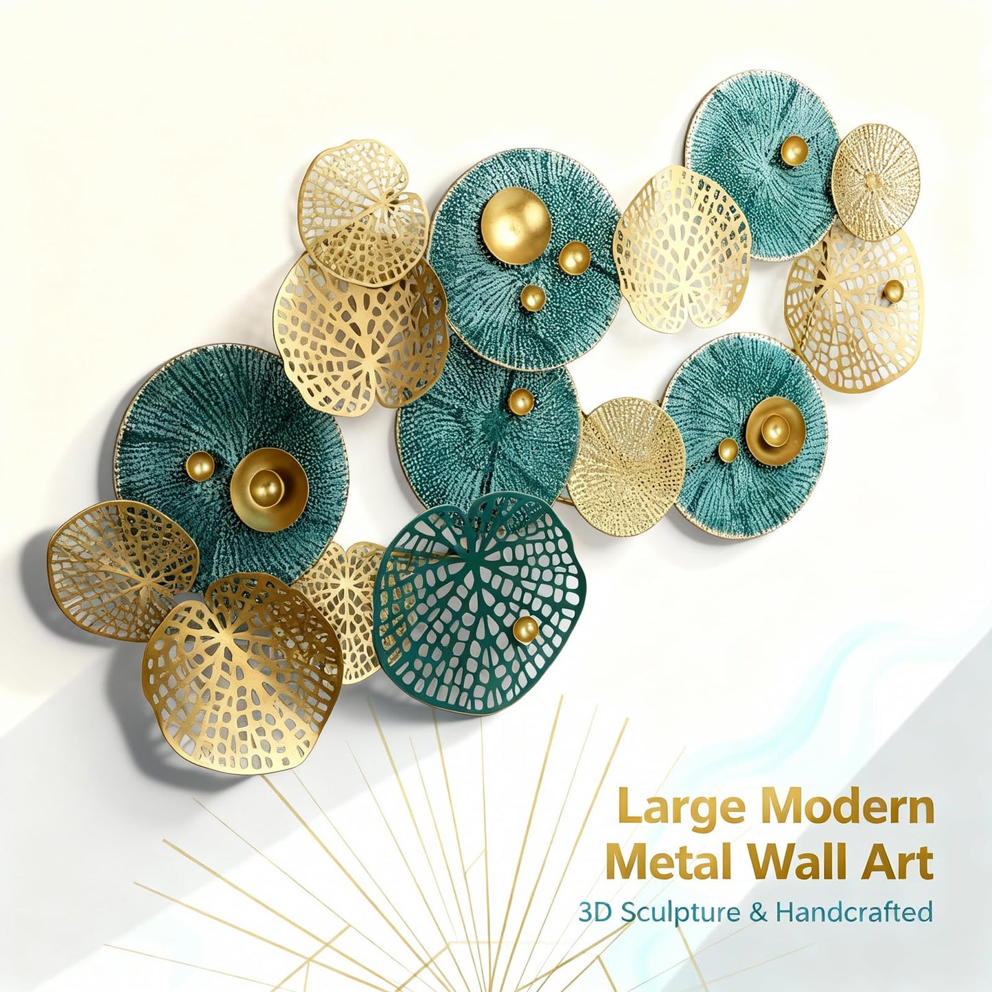 Large 3D Metal Wall Art, 50"L x 26"W Modern Blue & Gold Lotus Leaf Wall Sculpture, Luxury Coastal Home Decor for Living Room Bedroom, Elegant Gift for Housewarming Wedding Mother's Day for Homeowners