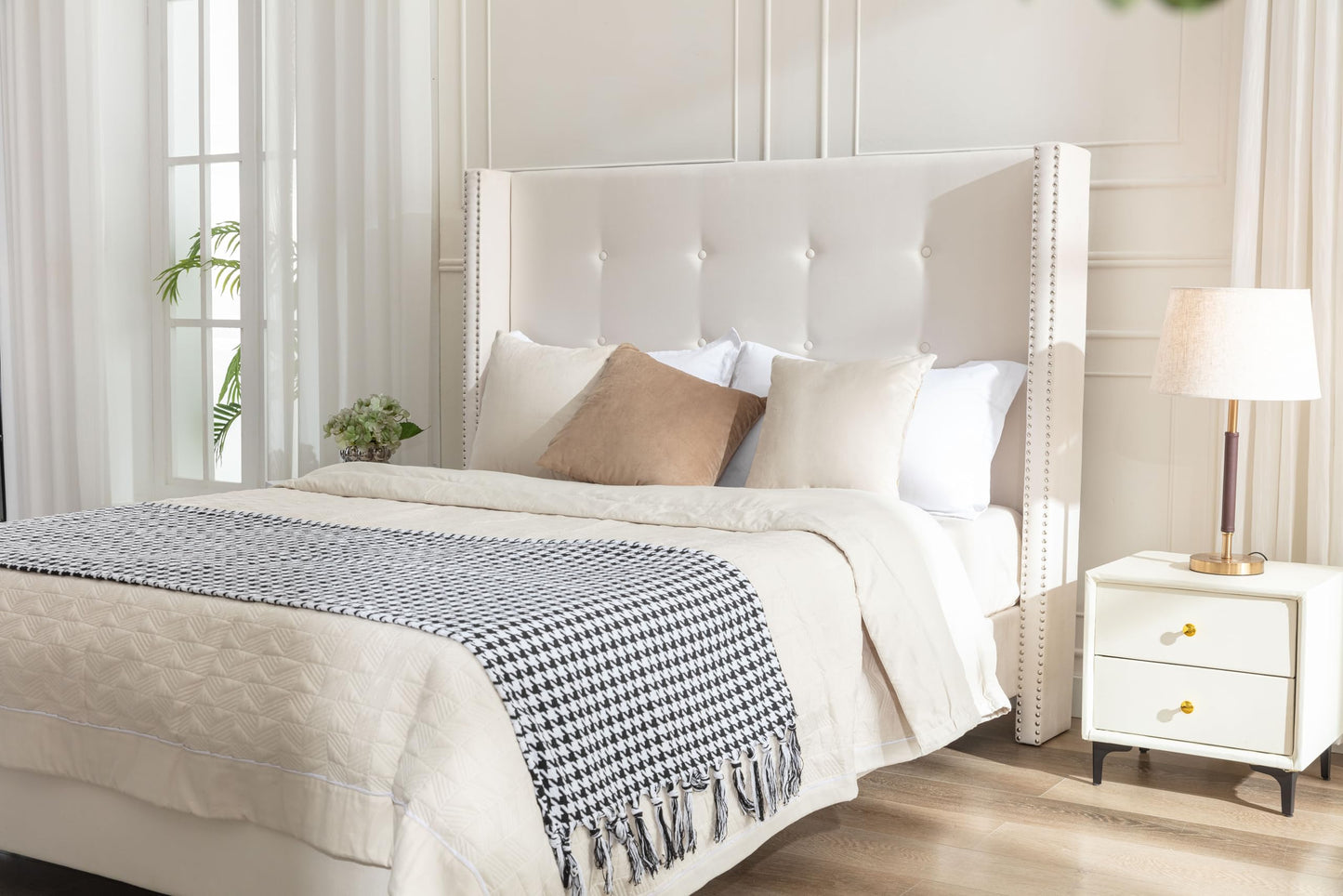 GDFStudio Tall Headboard Upholstered Bed,Queen Size Platform Bed Frame with Headboard Nailhead Trim Wingback,54" High No Box Spring Needed Easy Assembly Traditional Hand Buttoned Tufting Ivory Velvet