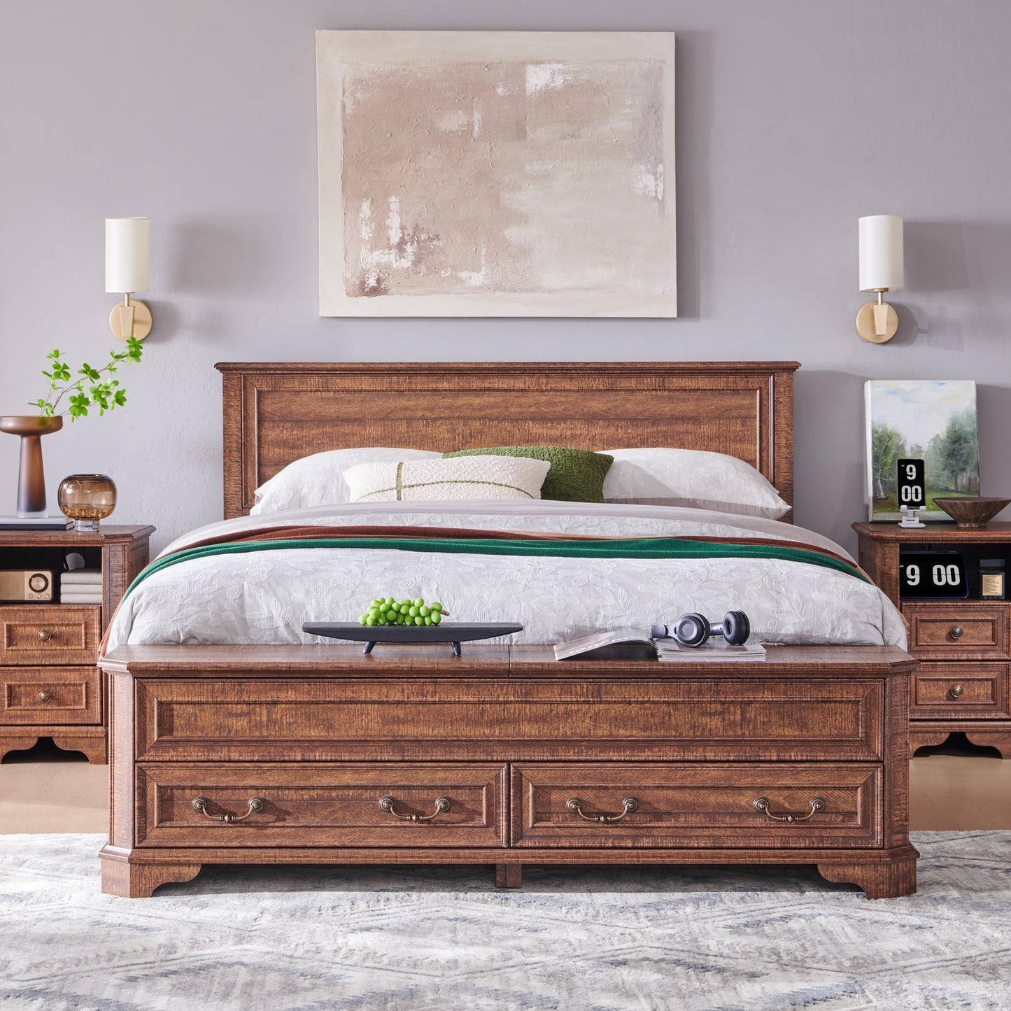 T4TREAM Farmhouse Queen Bed with Headboard and Storage Bench, Rustic Wood Platform Bed with 64" Storage Chest w/ 4 Large Drawer, Dark Brown