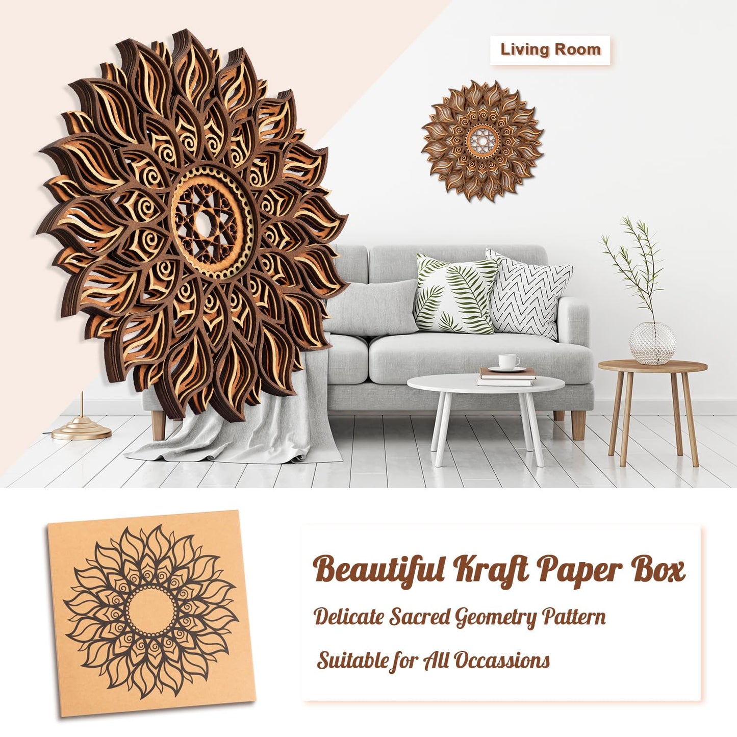 ADDMES 11.8 Inch Sun Wall Decor, Wooden Mandala Wall Art, Hollowed-out Sun Hanging Sign, Multi-layers Lotus Flower Wall Decor, Spiritual Room Decor for Bedroom, Living Room, Farmhouse Decor