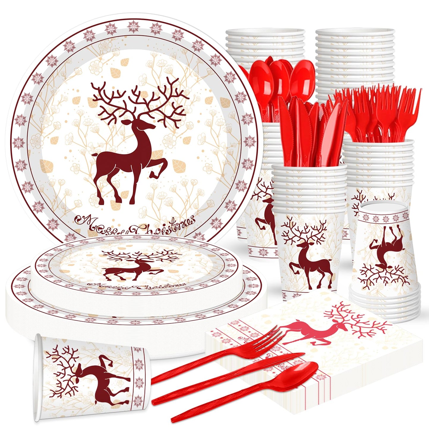 Xionpe 140-Pc Christmas Disposable Tableware Set for 20 Guests - Reindeer Themed Party Supplies with Dinner Plates, Dessert Plates, Napkins, Cups, Forks, Knives & Spoons