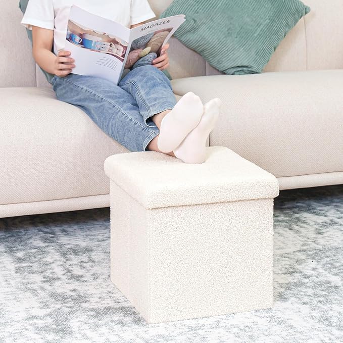 B FSOBEIIALEO Small Storage Ottoman Cube Sherpa Ottomans Foot Rest, Foldable Boucle Ottoman, Faux Teddy Fur, Cream White 15"x15"x15"