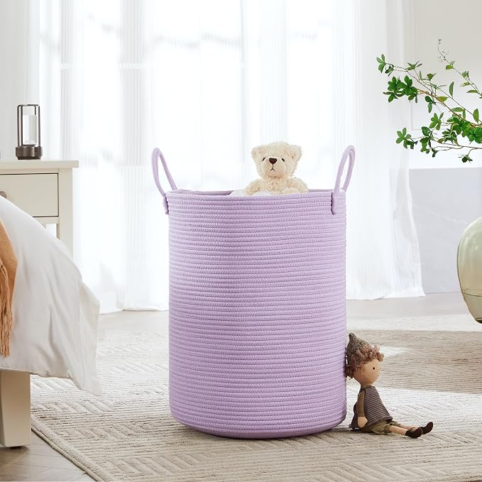 60L Large Purple Laundry Hamper Basket for Nursery Kids Tall Lavender Blanket Basket for Girls Cotton Rope Lilac Clothes Hamper in Bedroom 15Dx20H inches