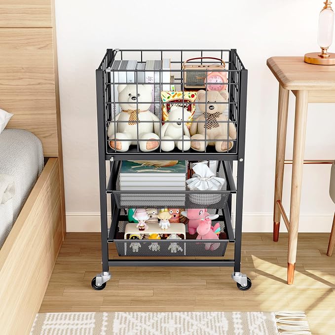 TOOLF Rolling File Cart, 3-Tier Metal File Cabinet with Wheel, Filing Cabinet with 2 Sliding File Trays, Adjustable Hanging File Folder Organizer for Office, Home, Classroom Black