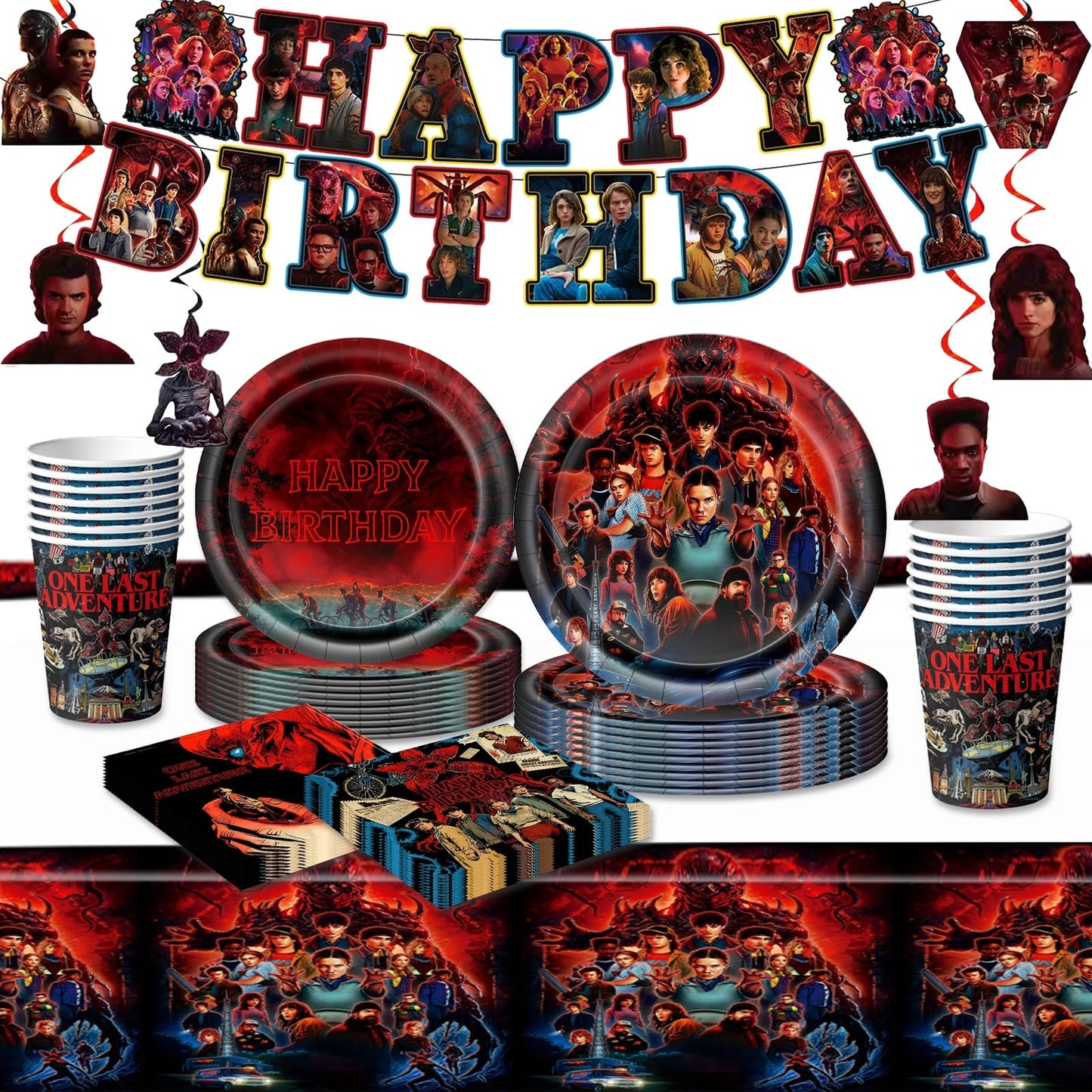 88PCS Birthday Party Full Supplies Kit：1 Banner + 6 Hanging Swirls + 20 (9-inch) Plates + 20 (7-inch) Plates + 20 Napkins + 20 Cups + 1 Tablecloth