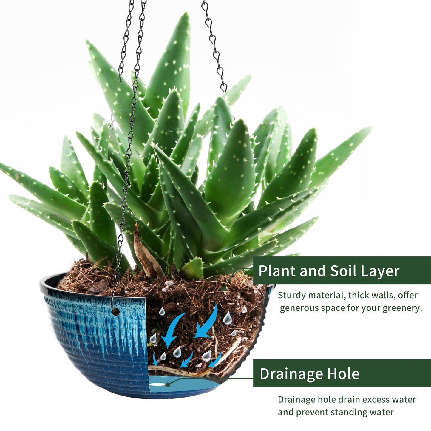 Vanslogreen 12 inch Hanging Planters for Indoor Outdoor Plants, 2 Pack Large Hanging Flower Pots with Drainage Holes and Chain, Glazed Hanging Baskets for Home Garden Decoration (Blue Flow Glaze)