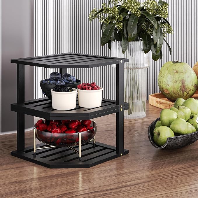 VERTORGAN Bamboo Corner Shelf(2 Pack),2 Tier Plate Organizer for Cabinet and Countertop,Pantry Dish and Spice Rack for Kitchen(Black)