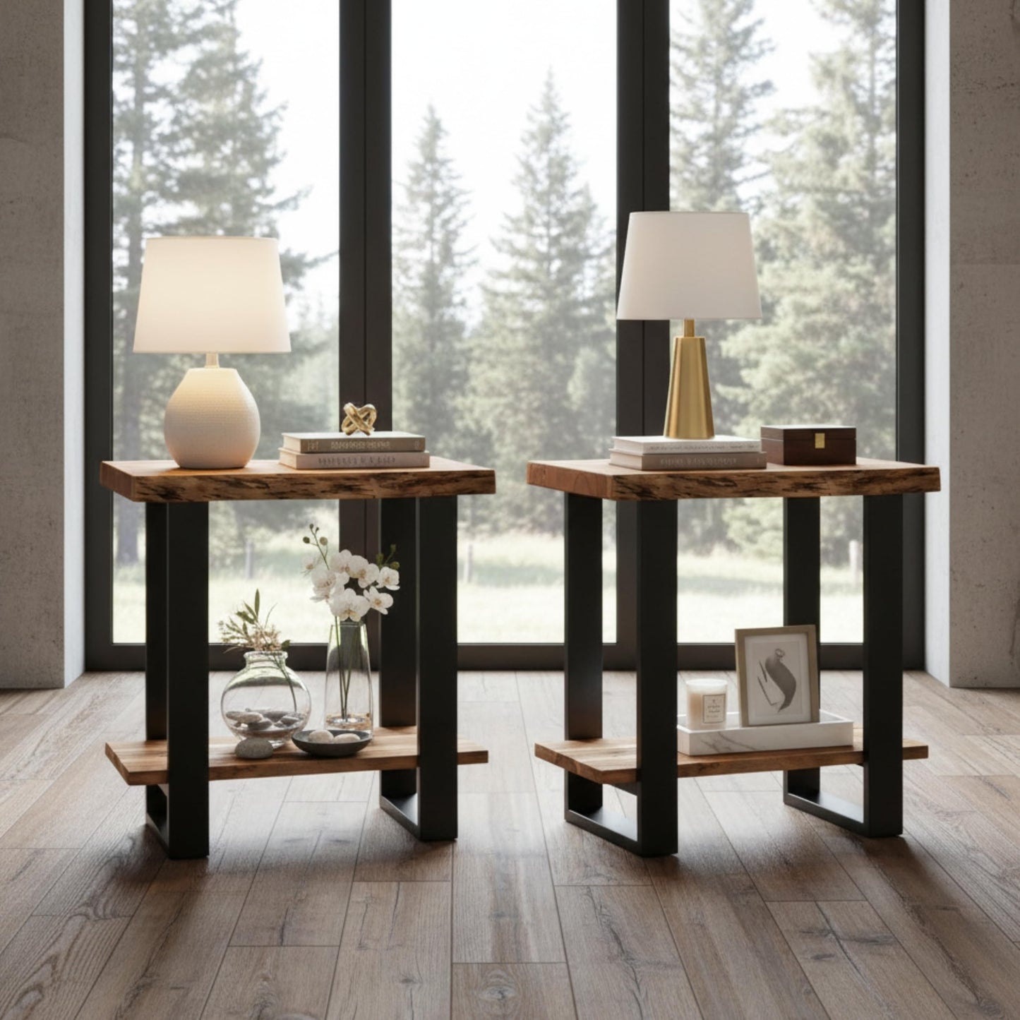 Alaterre Furniture Alpine Live Edge Modern End Table Set of 2-2-Tier Narrow Side Table Set with Open Storage Shelf - Solid Wood and Metal Modern Nightstands for Living Room or Bedroom (Natural)