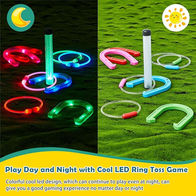 Liliful 20 Pcs Ring Toss Glow in Dark Games Valentines Outdoor Ring Toss Games with LED Yard Ring Toss Game Outdoor Games for Family Adults Lawn Backyard Camping Glow Party Games