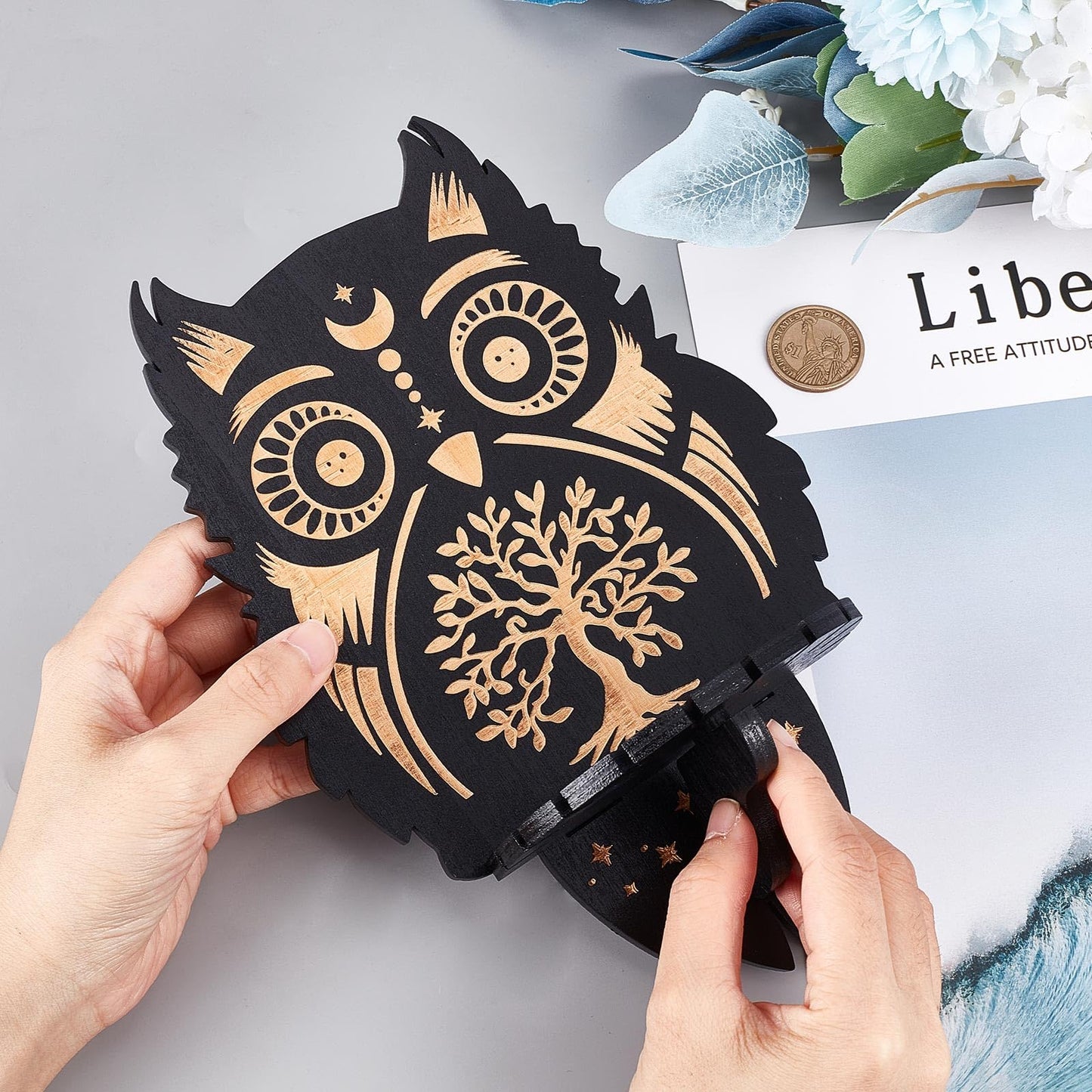 CREATCABIN Crystal Display Shelf Wooden Crystal Wall Shelves Owl Tree of Life Wall Decor Floating Holder Storage Shelf Hanging Altar Witchy Stuff for Stones Essential Oil Spiritual Gift Black 8x6Inch