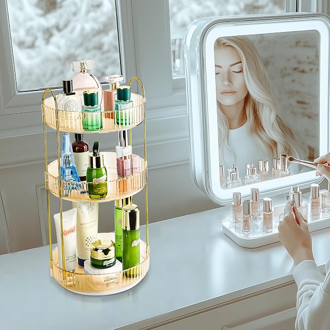 360 Rotating Makeup Organizer - Large Capacity Spinning Perfume & Cosmetic Skincare Holder for Vanity & Countertop (Vibrant Orange, 3 Tier)