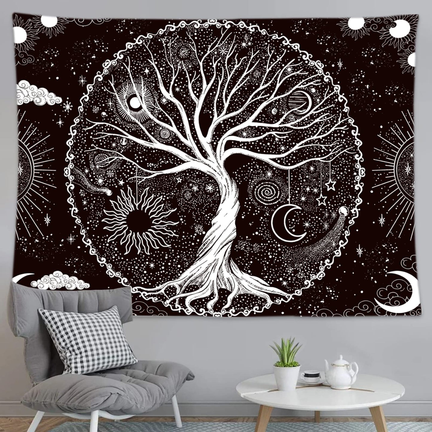 Wonrizon Tree of Life Tapestry,Black and White Galaxy Space Tapestries Aesthetic Psychedelic Wall Hanging decor for Living Room Bedroom (51.2" x 59.1")