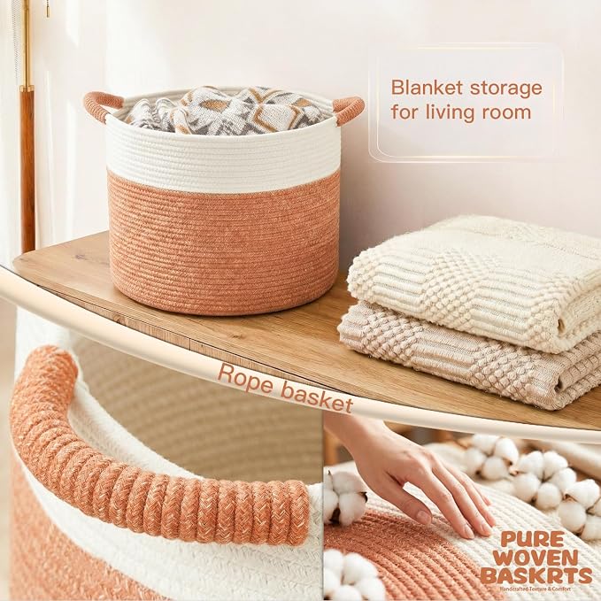 Artfeel 70L Large Cotton Rope Basket, Decorative Woven Blanket Storage for Living Room, Boho Toy Storage & Toy Box for Kids, Versatile Laundry Basket & Nursery Hamper for Blankets(Orange)