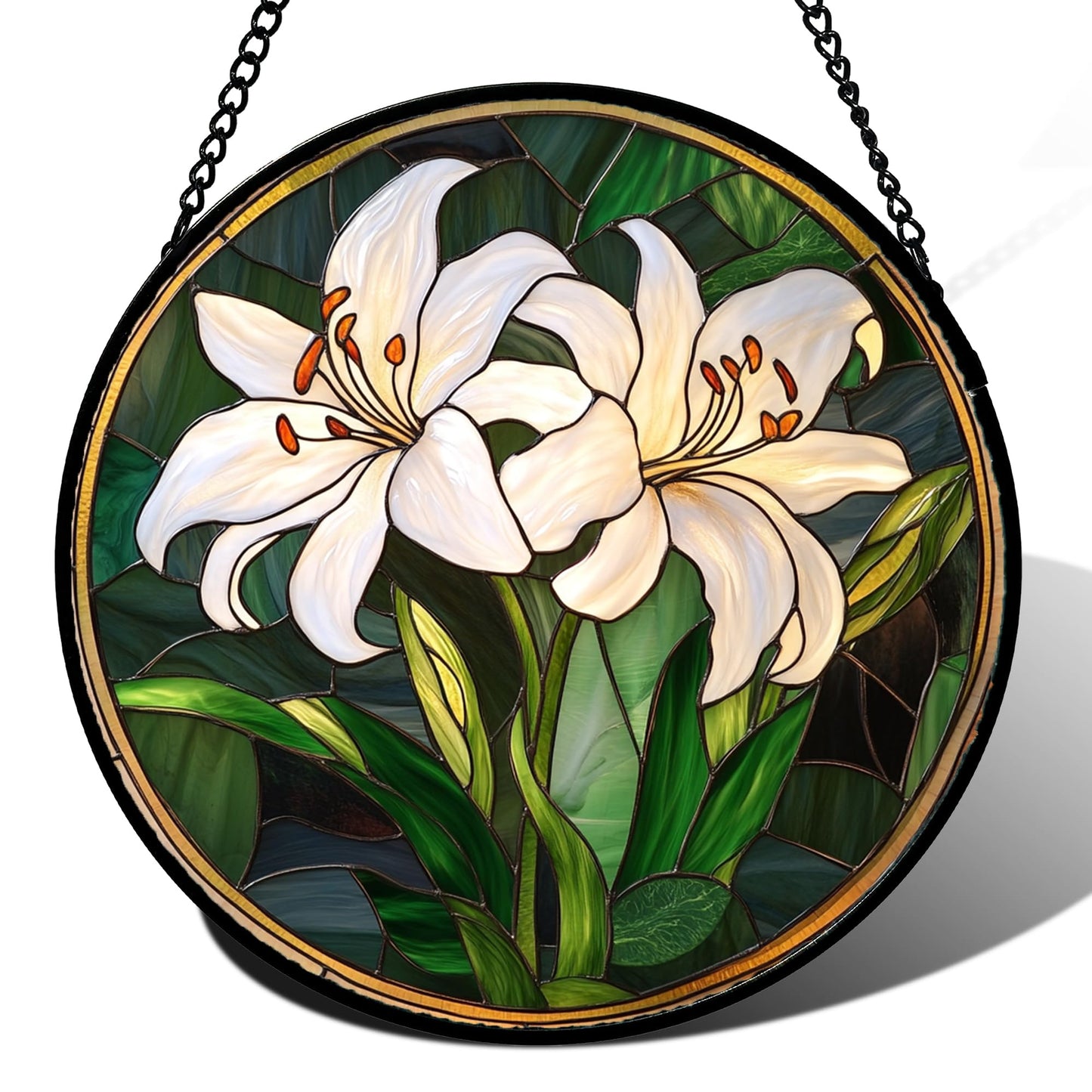 CRISGIF Stained Glass Window Hanging, White Lily Suncatcher for Door Garden Patio Birth Flower Green Plant Sun Catchers Decor Christmas Mother's Day Birthday Gifts for Women Mom Nana Friend 9.8 in