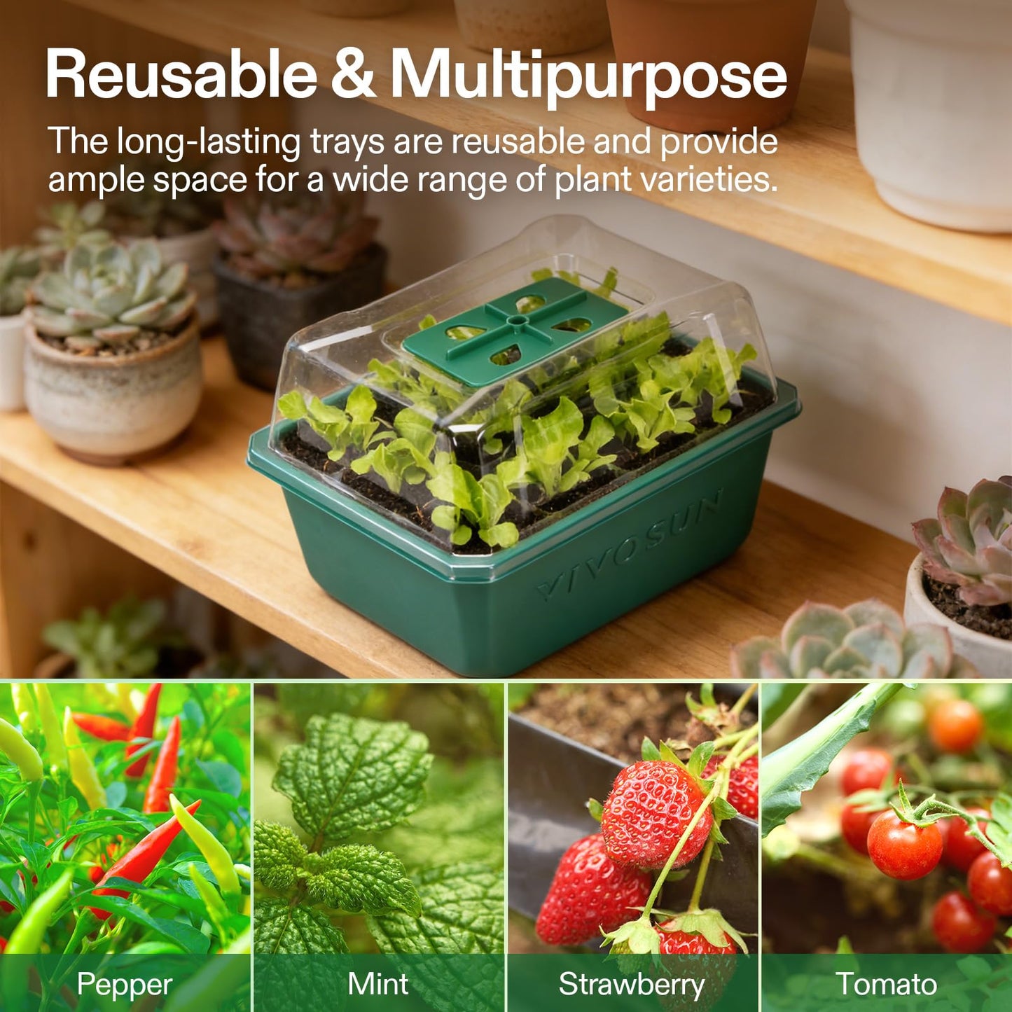 VIVOSUN 6-Pack Seed Starter Trays, 72-Cell Seed Starter Kit with Humidity Dome, Flat Reusable Plant Germination Trays with Drain Hole, Green Propagation Tray for Planting Seeds