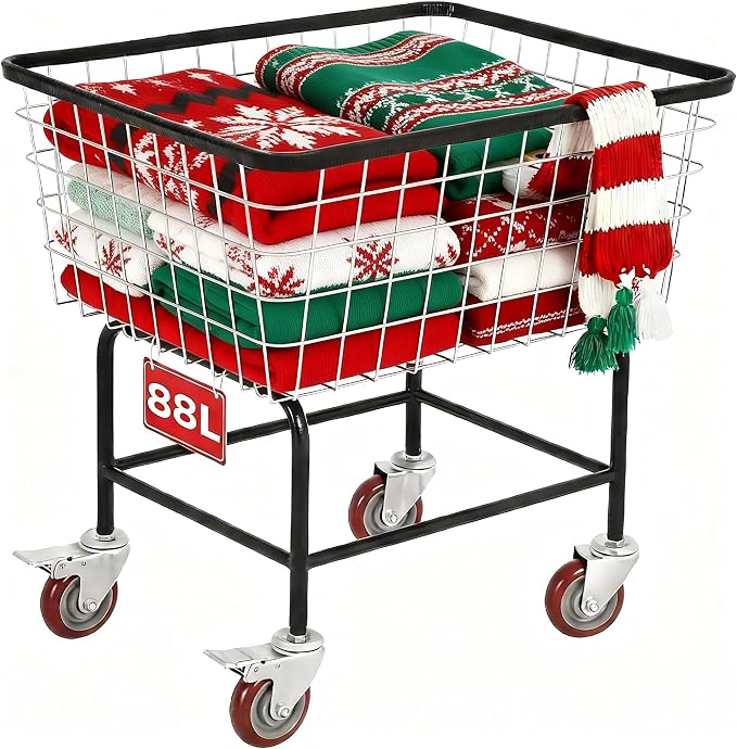 Wire Laundry Cart with Wheels, 2.5 Bushel Rolling Laundry Basket, Commercial Basket Carts for Laundry Room, Hotel, Home, Apartment Use, Durable Steel Frame with Galvanized Finish, 5" Casters