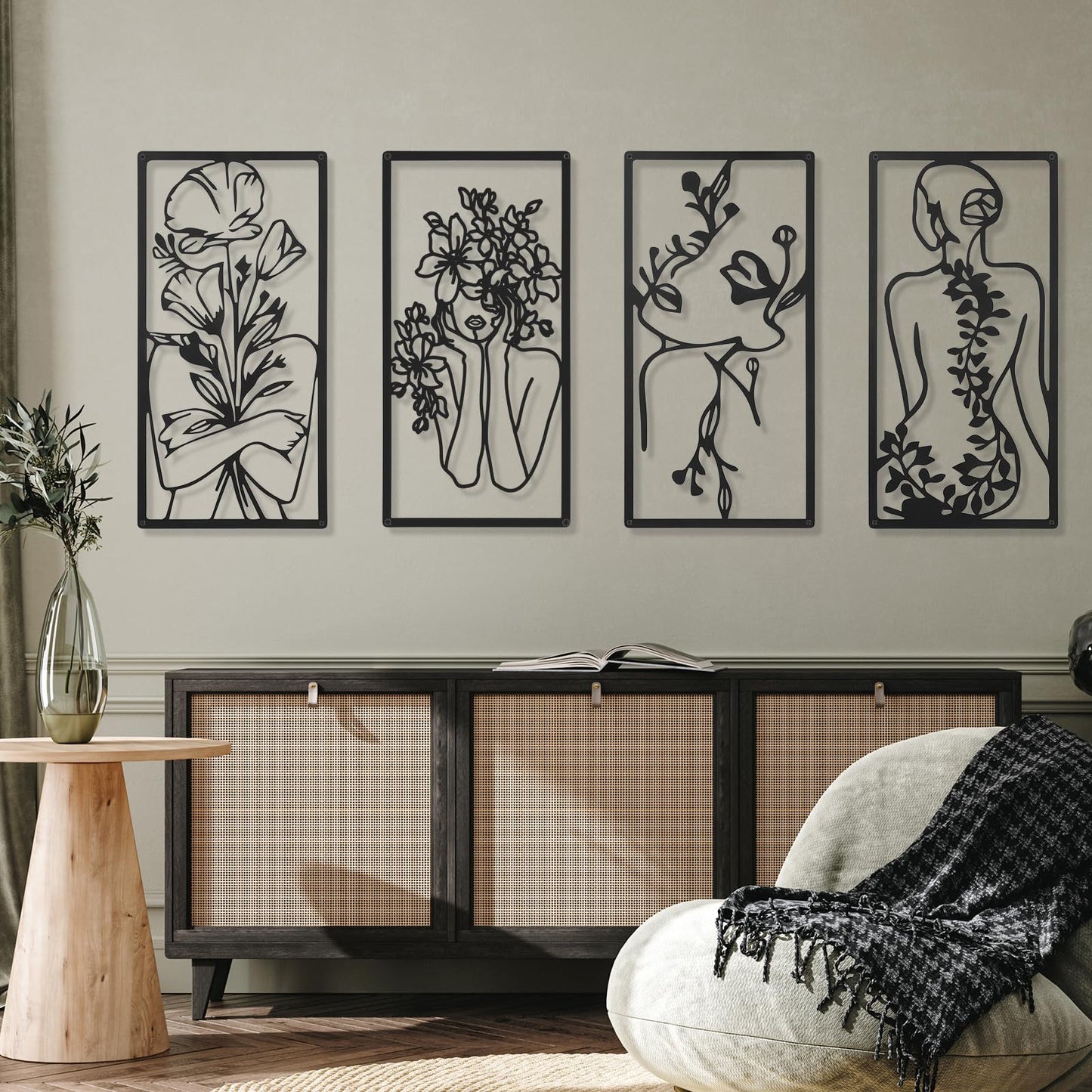 Cindeer 4 Pcs Metal Wall Art Decor Minimalist Abstract Woman Wall Art Line Drawing metal line art Home Hanging Art Decor for Bedroom Kitchen Bathroom Living Room(Fresh,Black)