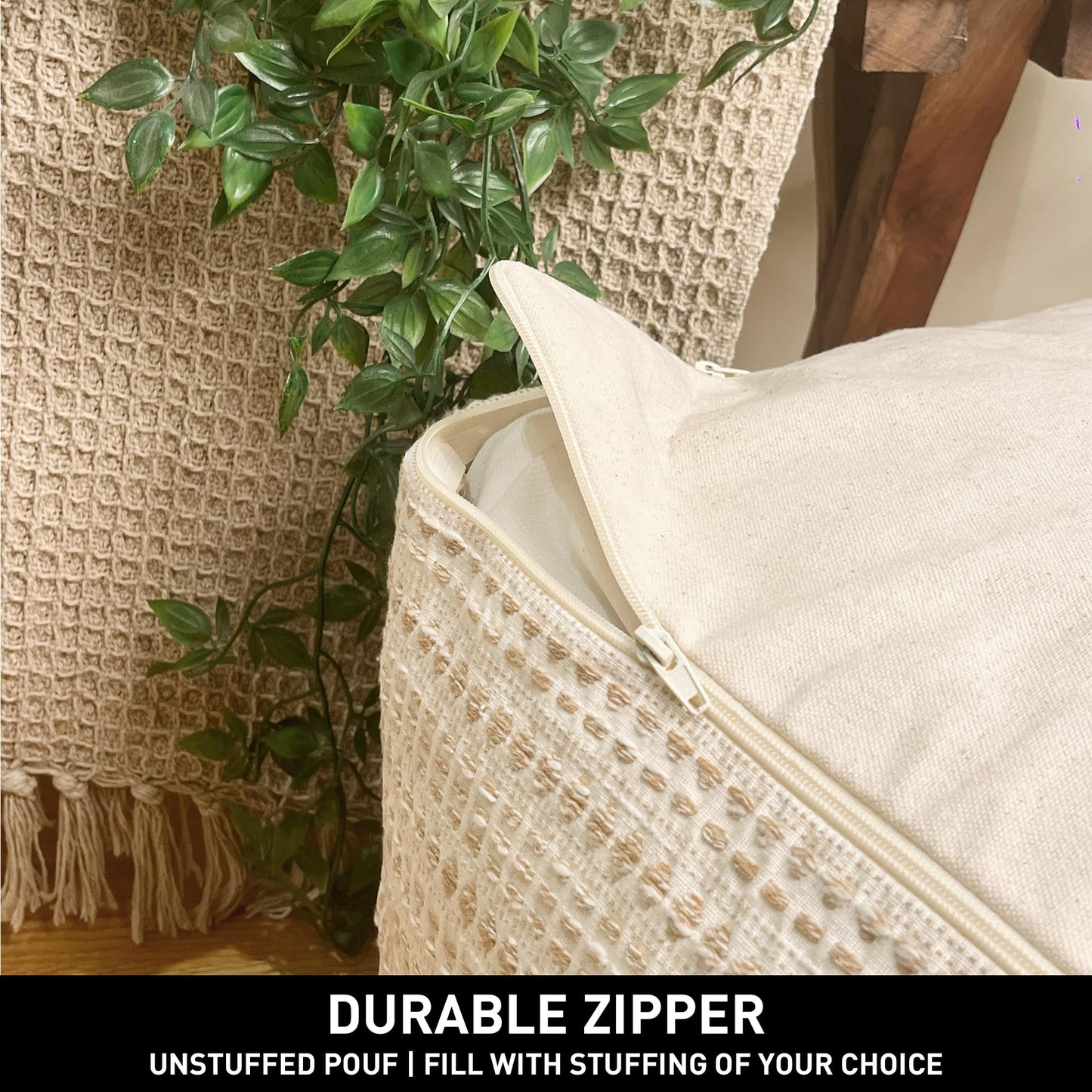 Chardin home Unstuffed Ottoman, Cozy & Bohemian Pouf Covers, Hand Crafted Casual Seating, Footrest, Square Floor Pillow for Home, Office, Bedroom, Living Room, 16.5" x 16.5"x 12.9", Beige-Off White