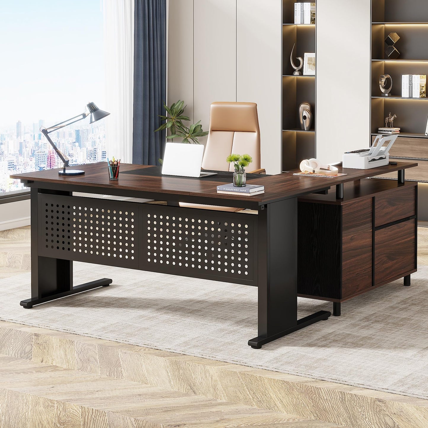 Tribesigns 63 Inch Executive Desk with File Cabinet, Large Office Desk L Shaped Computer Desk with Drawers and Storage Shelves, Business Furniture Desk for Home Office, Dark Walnut and Black