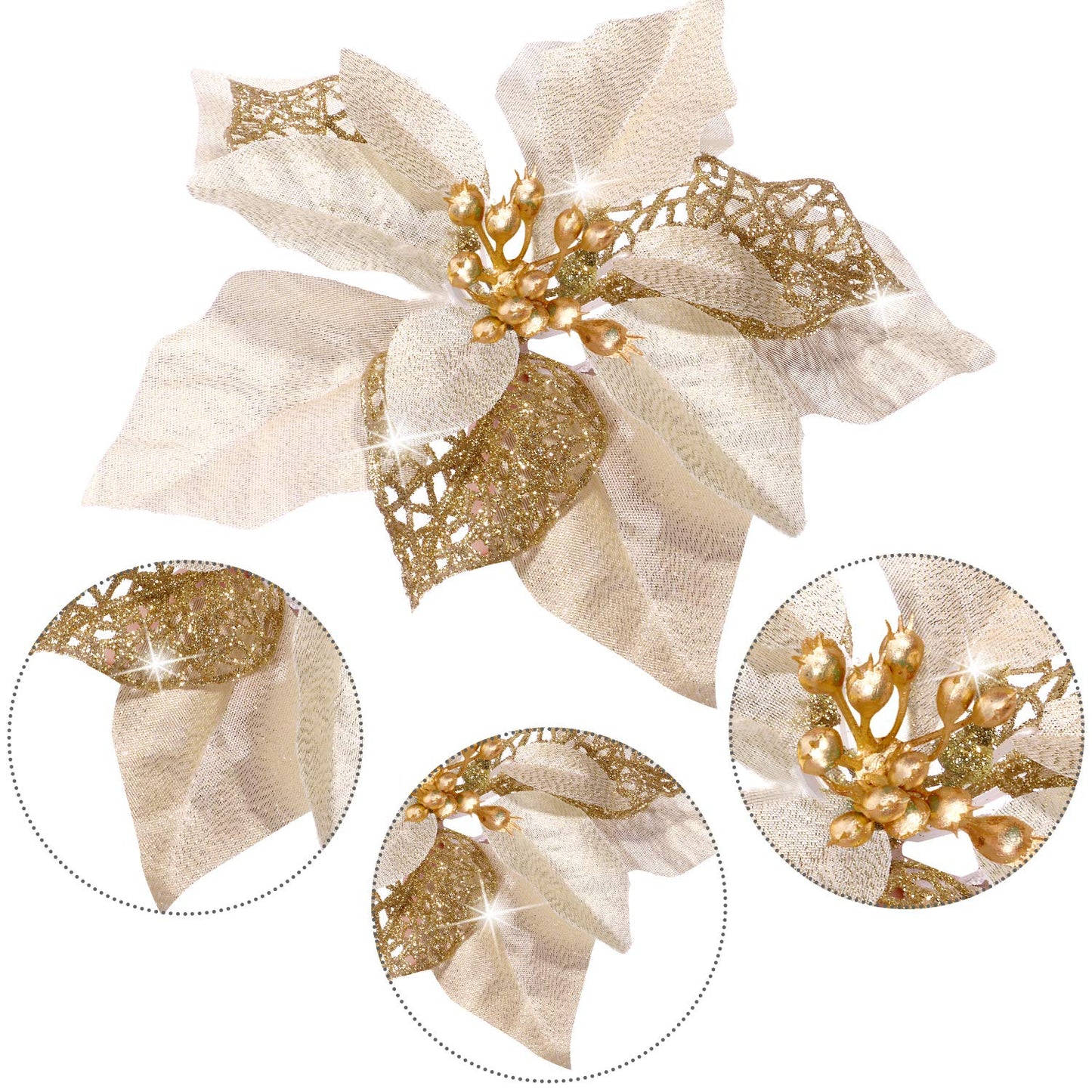 WILLBOND 36 Pieces Christmas Poinsettia Glitter Faux Flowers Christmas Artificial Flowers Tree Ornaments Topper Xmas Decorations(Gold)