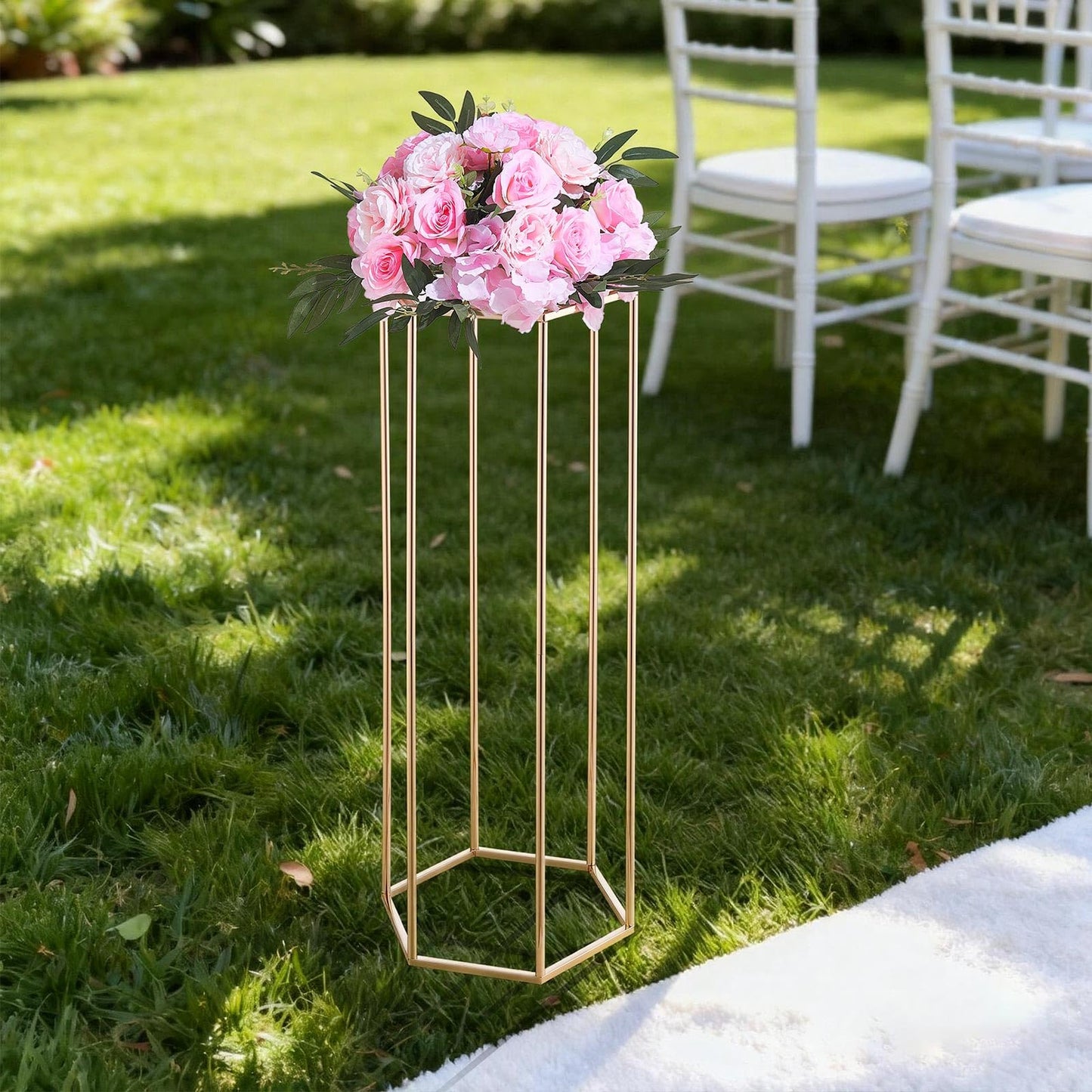 VEVOR Wedding Flower Stand, 10PCS 31.5-inch Column Flower Stand, Floral Stands with Acrylic Laminate, Hexagonal Cubic Floral Display Rack for Wedding, Party, Birthday, Home,French Gold Stands