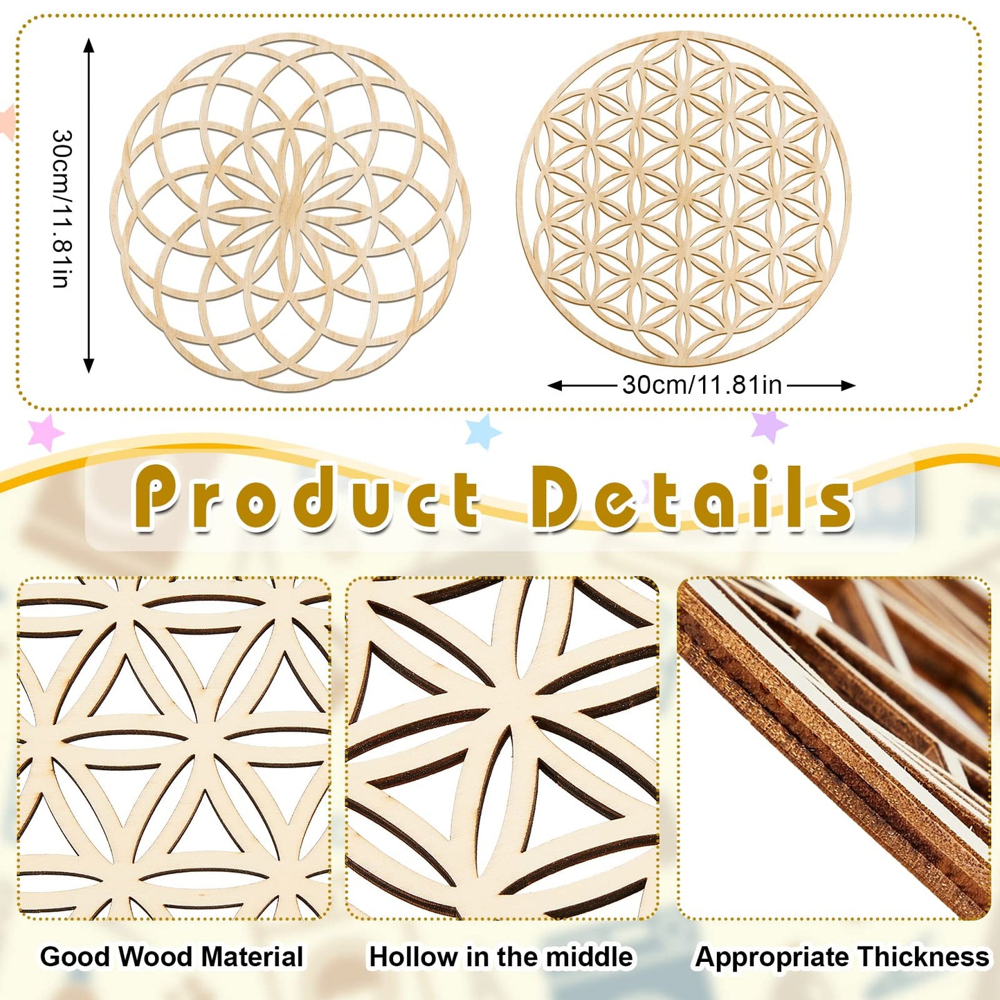 Taiyin 6 Pcs 12 Inch Wooden Sacred Geometry Wall Art Set, Zen Geometric Wall Decor for Home Meditation Room, Inspired Hanging Art with Metatron Cube, Flower of Life, Sri Yantra(Burlywood)