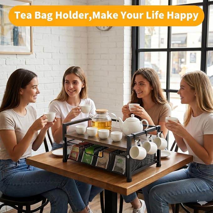 Tea Bag Organizer, Teabag Holder with Storage Drawer, Wood Tea Organizers and Storage Chest, Tea Station Chest Display Container Box for Countertop Kitchen (Rustic Brown)