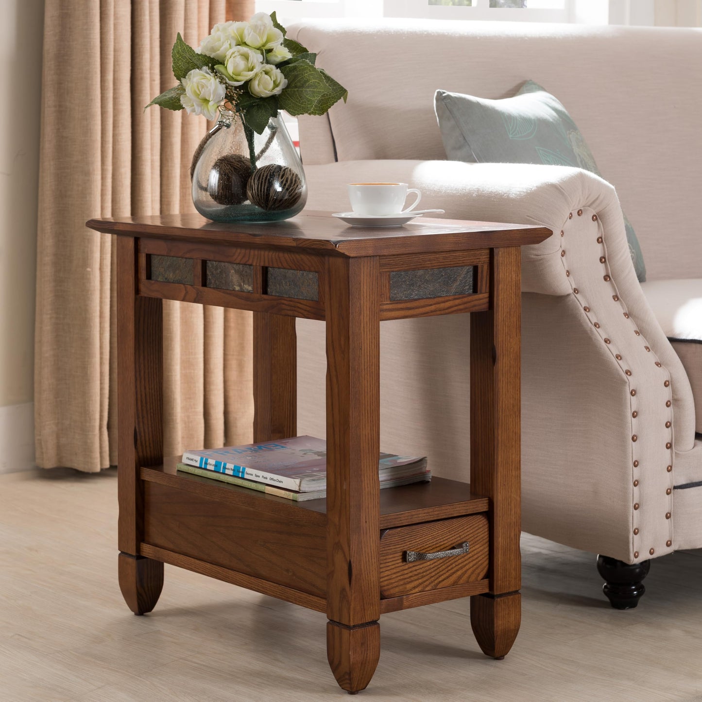 Leick Home Sibley End Table, Solid Wood, 1 Storage Drawer, Slate Tile Details, Bottom Display Shelf, Easy-Assembly, For Living Room/Bedroom, Rustic Oak, 24.5 in. L x 15.25 in. W x 24.0 in. H , 10906