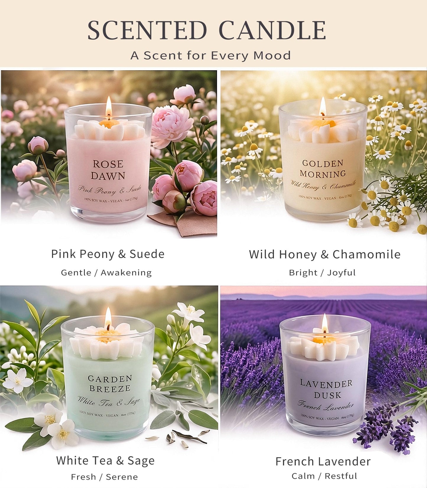 Scented Candles for Women - 24oz Aromatherapy Natural Soy Candles, Unique Floral Design, Relaxation Gifts for Mother’s Day, Birthday & Home Decor