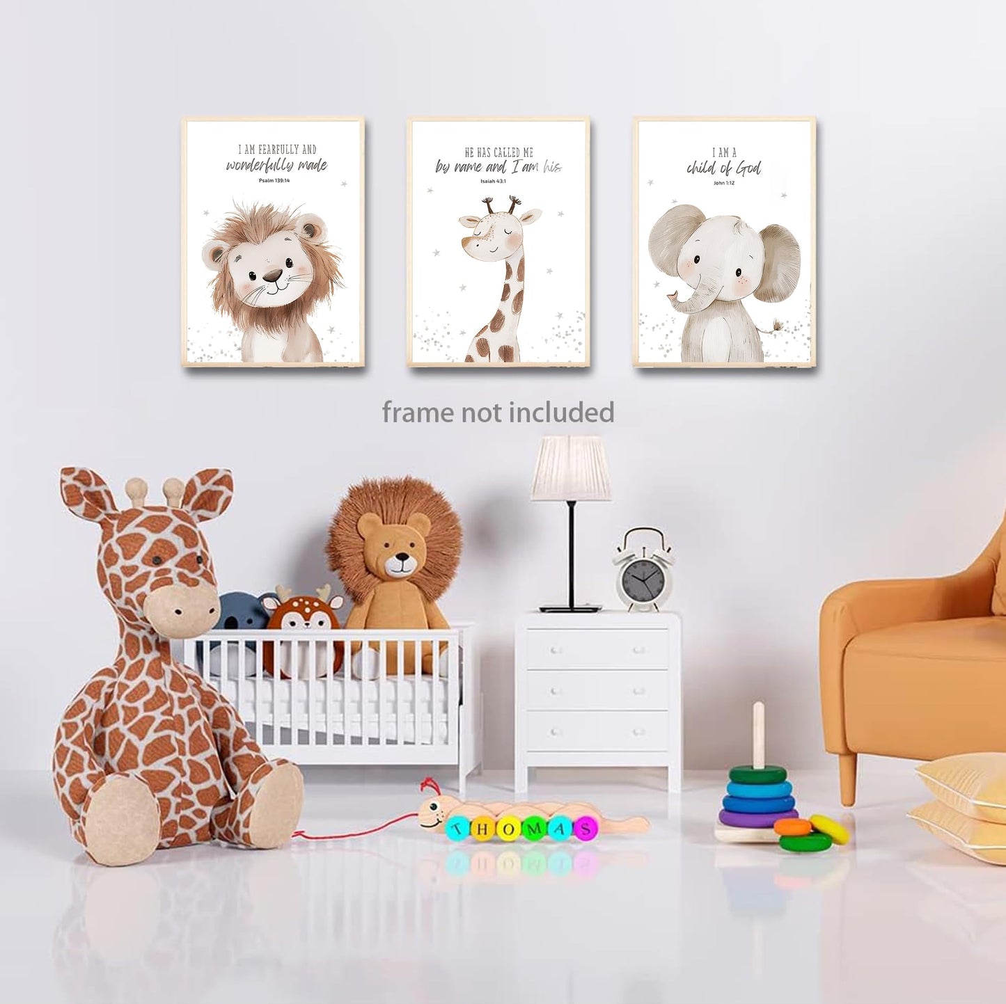 4Pcs Nursery Bible Verse Animal Canvas Wall Art Funny Cute Safari Animals Christian Painting Picture Wall Decor Lions Elephant Giraffe Zebra Poster Print Artwork for Boys and Girls Home Decoration