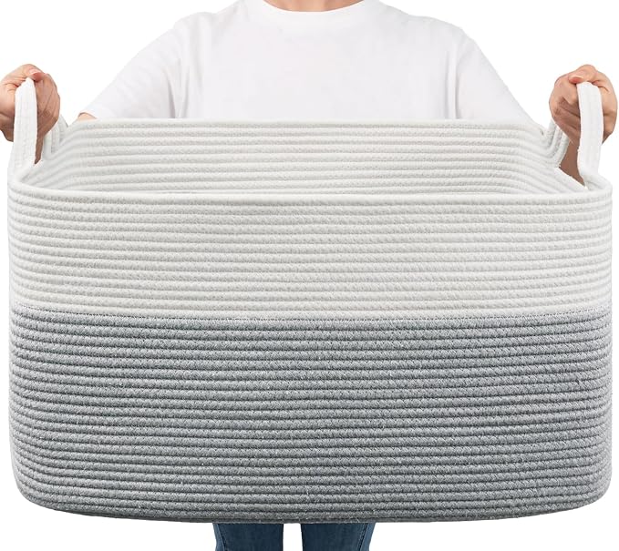 Goodpick Large Toy Storage Basket, Grey Cotton Rope Baskets Toy Storage Bin for Baby, Kids, Woven Storage Basket with Handle for Laundry, Living Room, Nursery, Bedroom, 21.6" x 14.9" x 11.8"