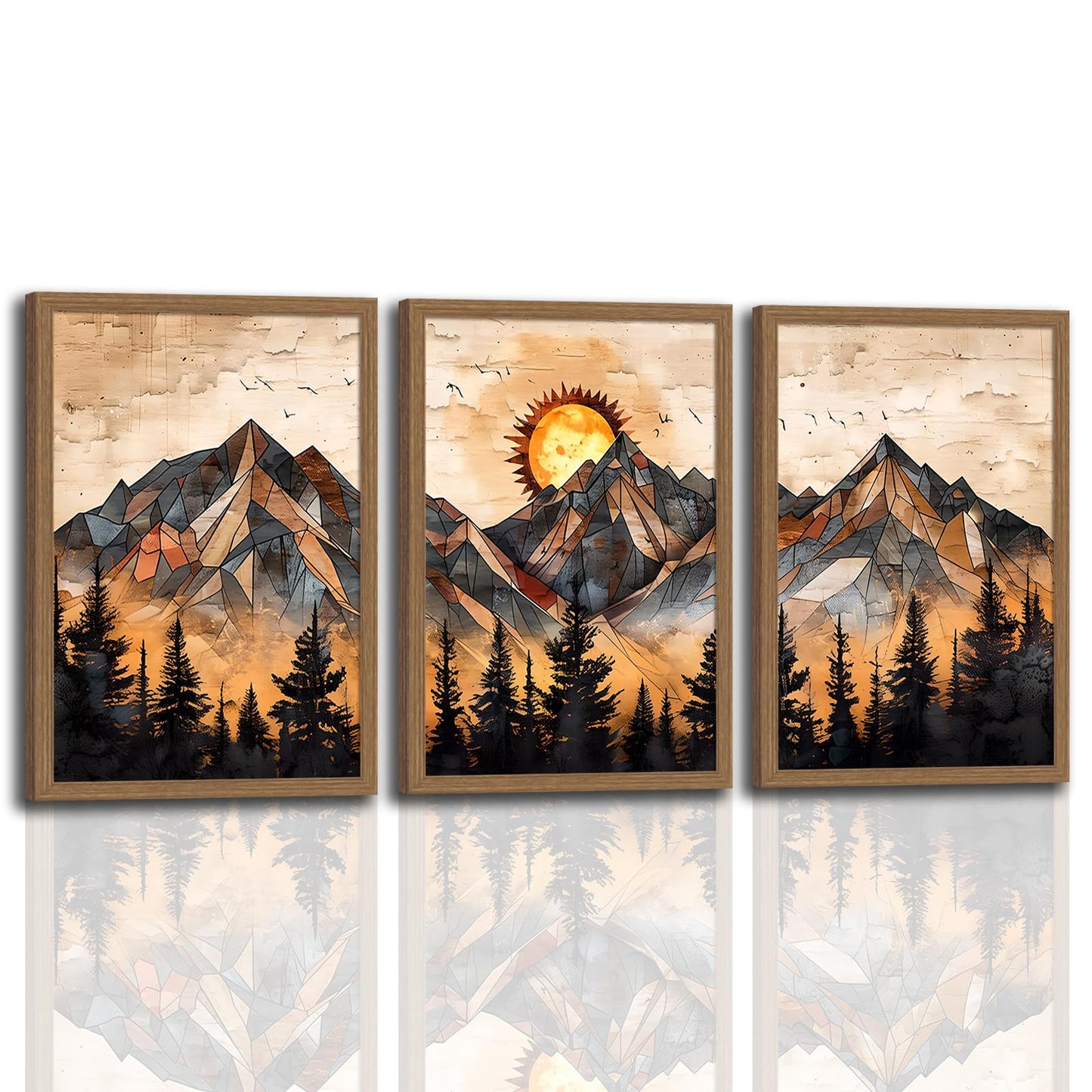 soonkiss Warm Tone Geometric Mountain Wall Art Set of 3, Abstract Sunset Forest Canvas Prints, Boho Nature Wall Decor for Living Room Bedroom Office 12x16 Inch