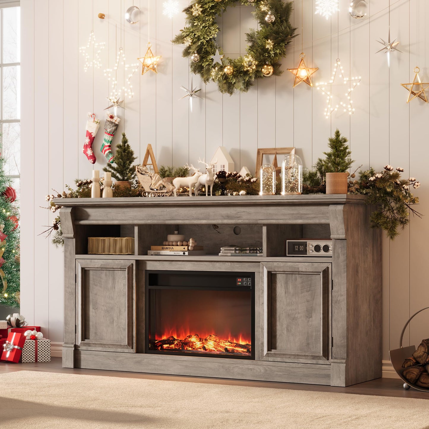 GarveeLife 58" Fireplace TV Stand for TVs Up to 65, Modern Farmhouse Entertainment Center with 30'' Electric Fireplace, Remote Control Realistic 3D Flame, Media Console with Storage Shelves, Gray