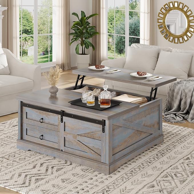 Itaar 39.4'' Lift Top Coffee Table with Storage, Farmhouse Coffee Tables for Living Room, Square Coffee Table with Large Hodden Compartment & 2 Drawrs & Adjustables Shelves (Blue)