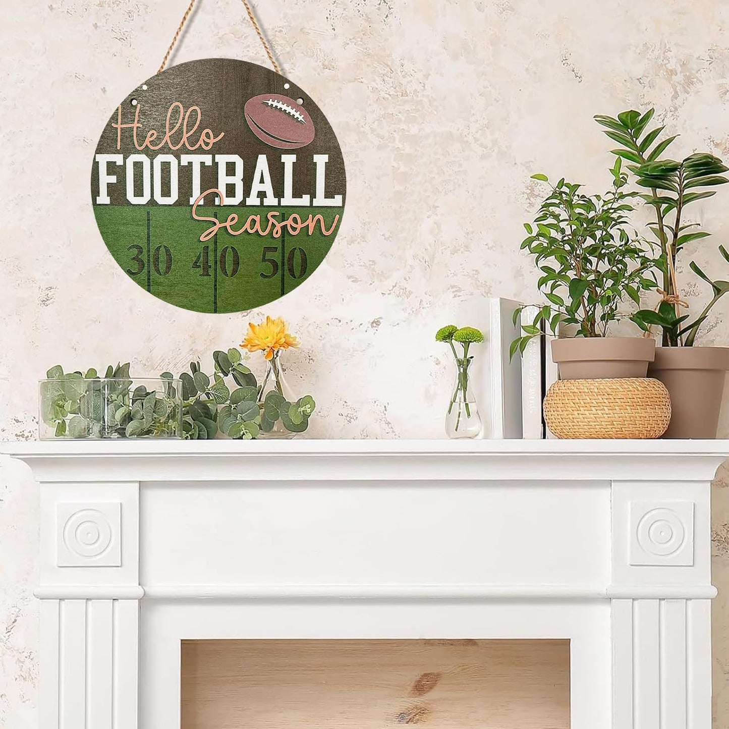Football Wooden Hanging Sign Hello Football Season Wall Plaque Football Game Sports Welcome Wreath Decor Sign Door Hanger for Farmhouse Home Wall Window Porch Tabletop Party Decor Supplies