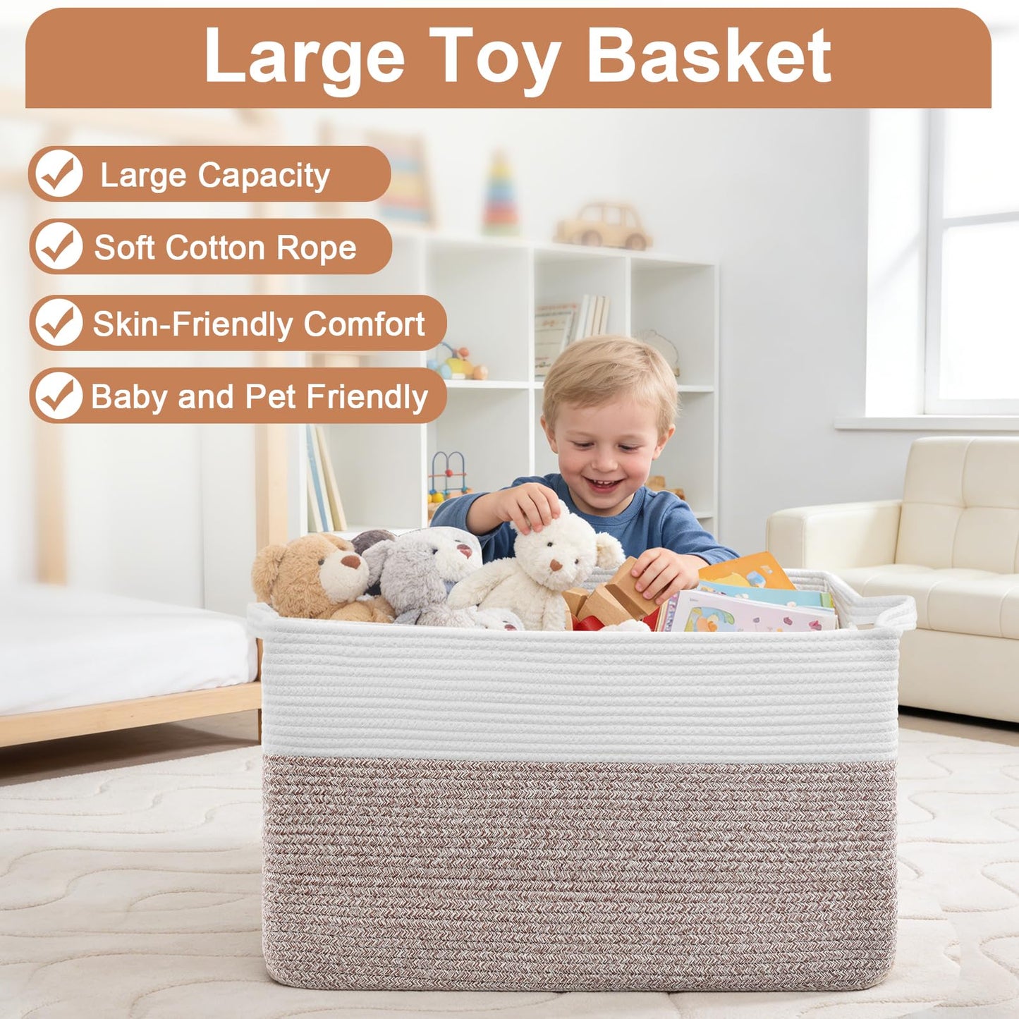 75L Extra Large Blanket Basket for Living Room - Cotton Rope Laundry Hamper Woven Baskets XXL Storage Bin with Handles for Dirty Clothes, Kids, Pets, Toys, Bedroom, 22" x 17" x 12", White & Brown