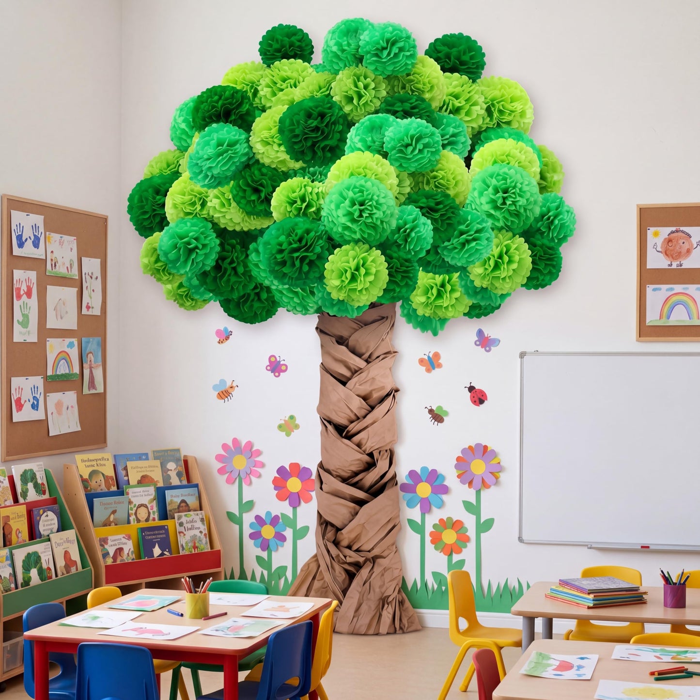 Mooliwe Classroom Tree Bulletin Board Set DIY 3D Cardboard Tree with Paper Pom Poms Kraft Craft Bulletin Board Wall 3D Decorations for School Elementary Teacher Chalkboard (Green,8, 10, 12 Inch)
