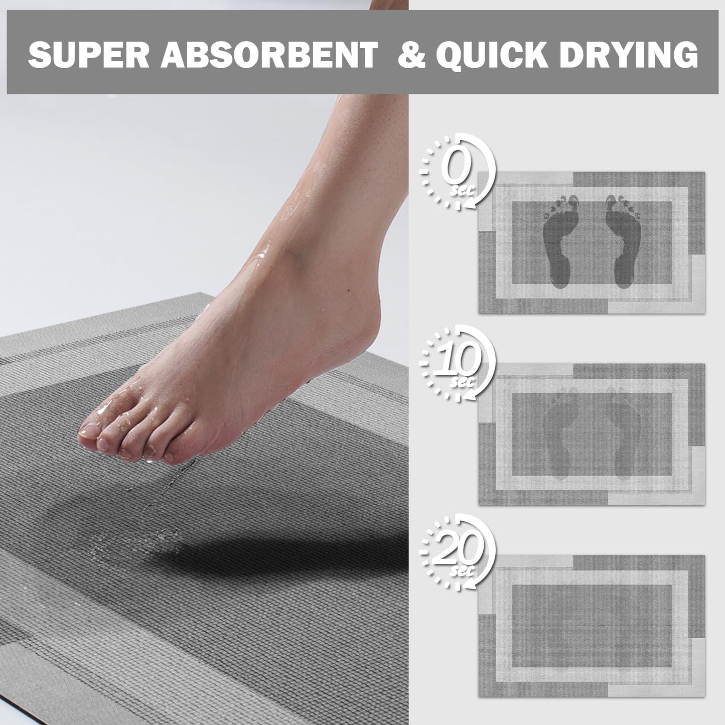 YDKGL Non Slip Bath Mat, Rubber Backing Ultra Thin Bathroom Rugs Fit Under Door Quick Dry Super Absorbent Washable Bath Rug Shower Mat for Bathroom Floor Bathtub Shower Sink, Easy Care Gray 16"x 24"