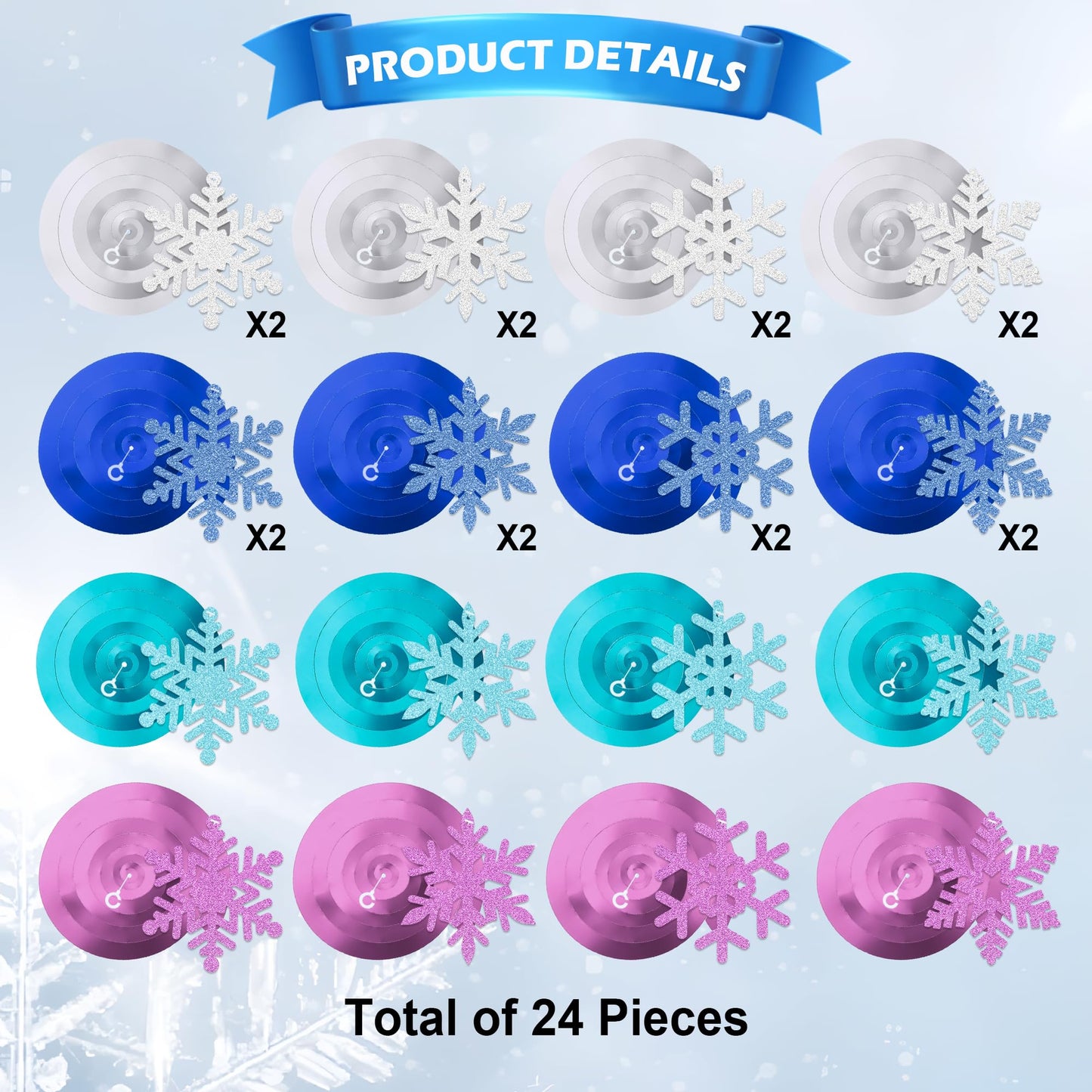 24 Pcs Snowflake Decorations Winter Snowflake Hanging Swirl Decorations Snow Flakes Garland Christmas Winter Wonderland Ceiling Decor Silver Blue Purple Snow Flakes Party Decor
