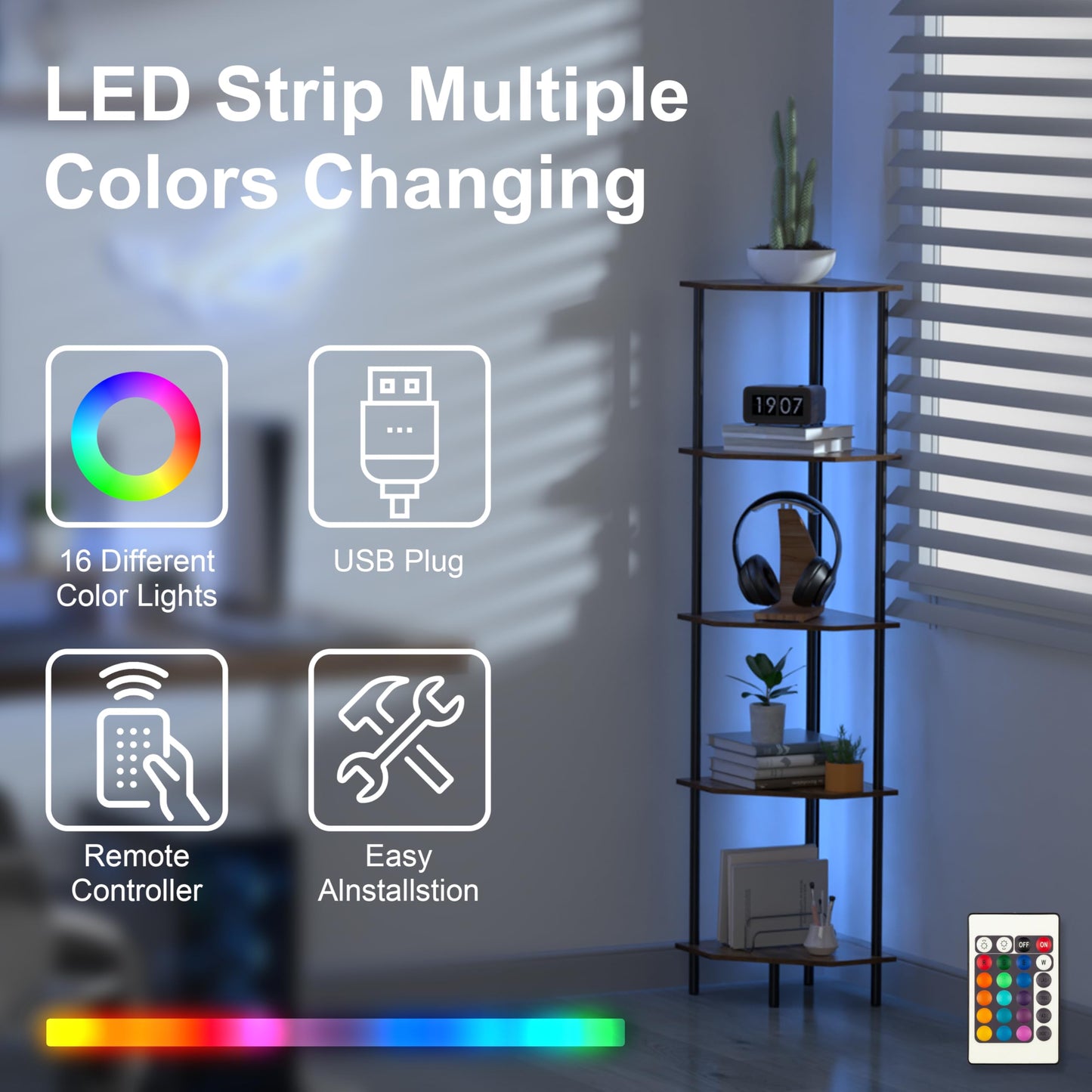 Corner Shelf Stand, Storage Standing Shelf Unit with Metal Frame, Narrow Bookshelf with LED Light Brown Plant Display Stand, Multi Unit Organizer Corner Cabinet for Bedroom, Living Room (5 Tier)