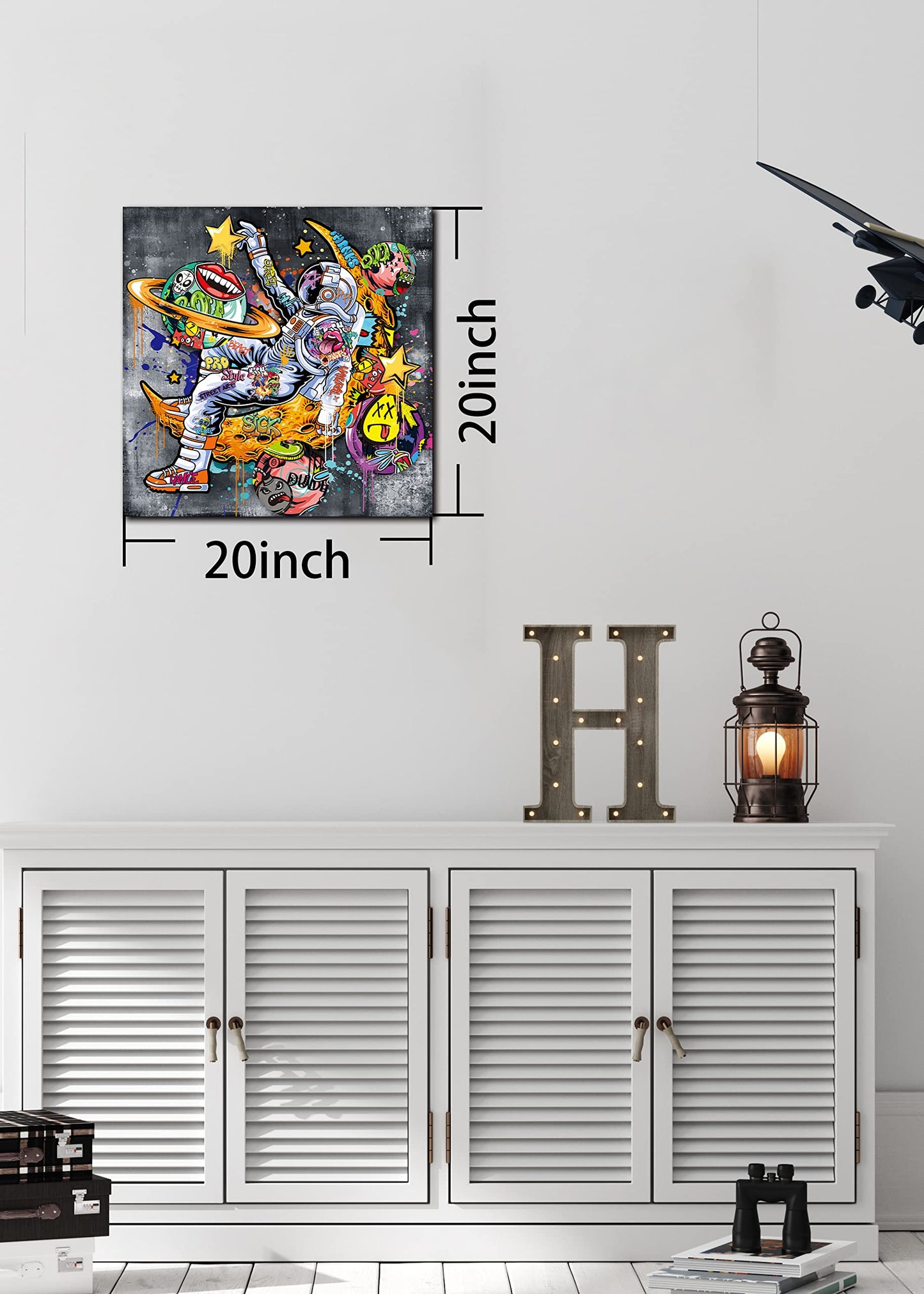 Kepgonegu Funny Wall Art Astronauts Graffiti Canvas Wall Art Outer Space Picture for Bedroom Bathroom Living Room Size 20" W x 20" H