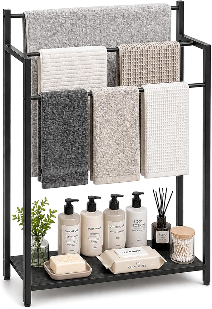 24.8" W Freestanding Towel Rack, 3 Tier Blanket Ladder Stand with Black Wooden Shelf for Bathroom Living Room
