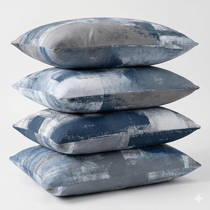 Set of 4 Abstract Art Throw Pillow Covers 12x20 Inch, Dusty Blue and Grey Modern Decorative Cushion Cases for Couch Sofa, Soft Velvet Double-Sided Print Washable Pillow Covers