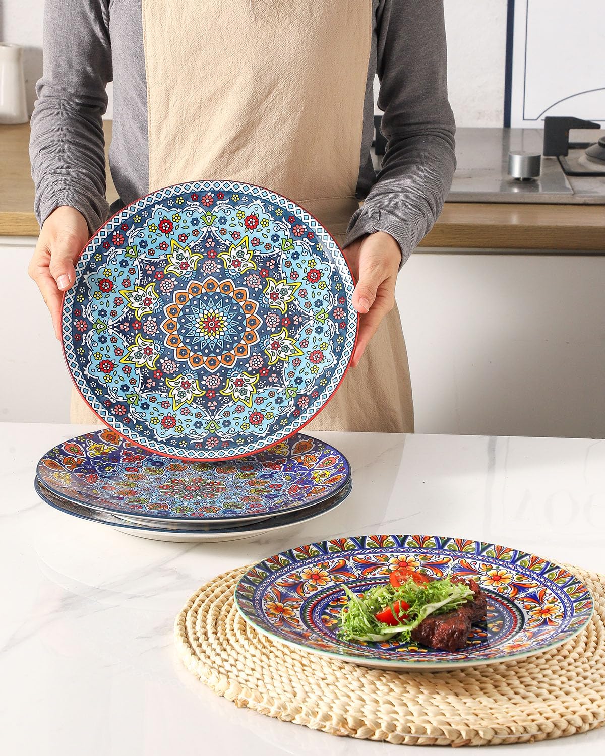 HASENSE Dinner Plate Set of 4, 10.5 Inch Porcelain Plates for Kitchen, Large Salad Plates for Steak, Dishes Set for Restaurant, Microwave, Oven & Dishwasher Safe for Christmas Gift, Bohemian