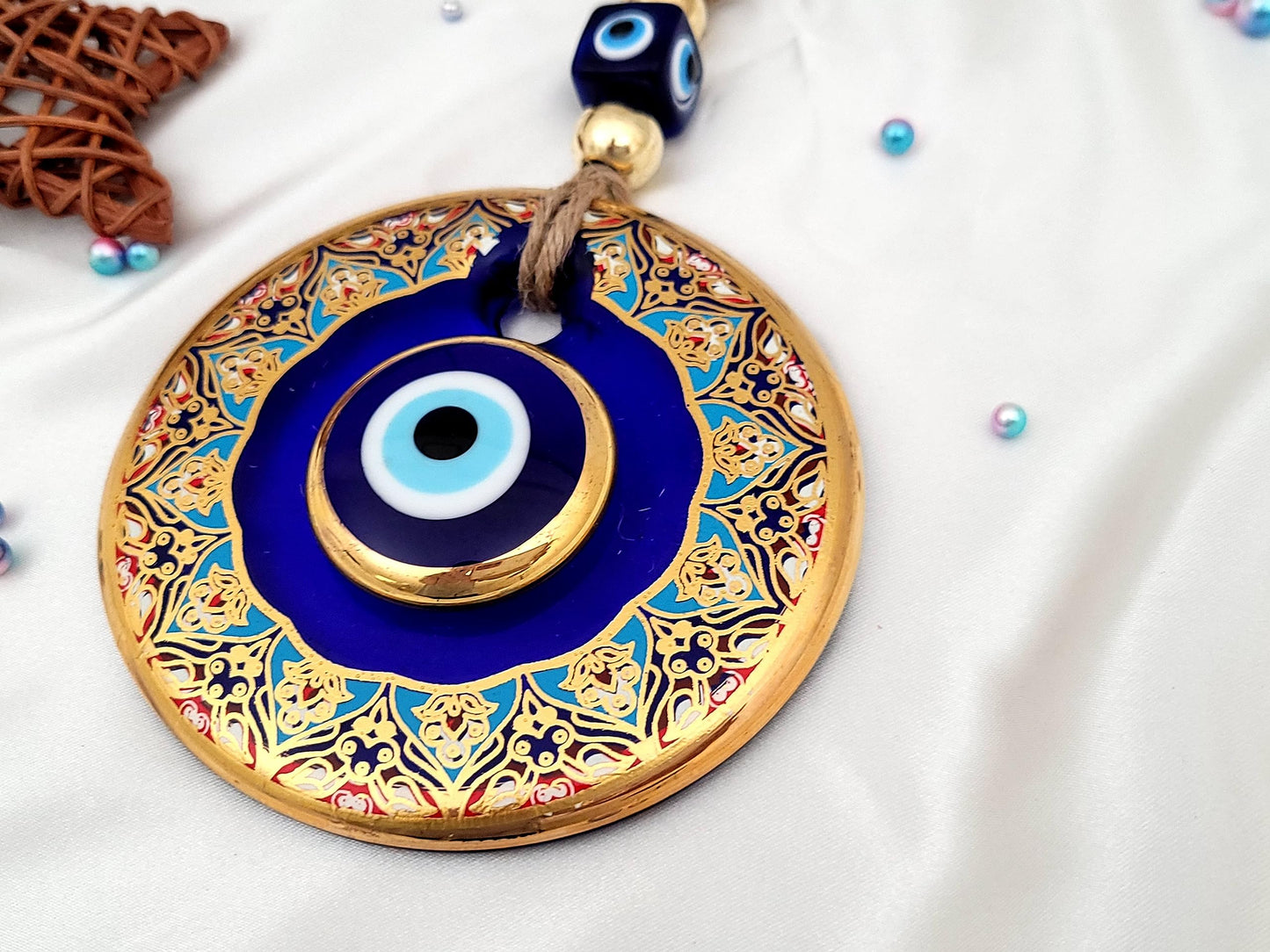 Candymosa 4.3" Glass Blue Evil Eye Wall Hanging Floral Design Gold Ornament - Home Protection Charm - Evil Eye Wall Decor - Turkish Nazar Amulet