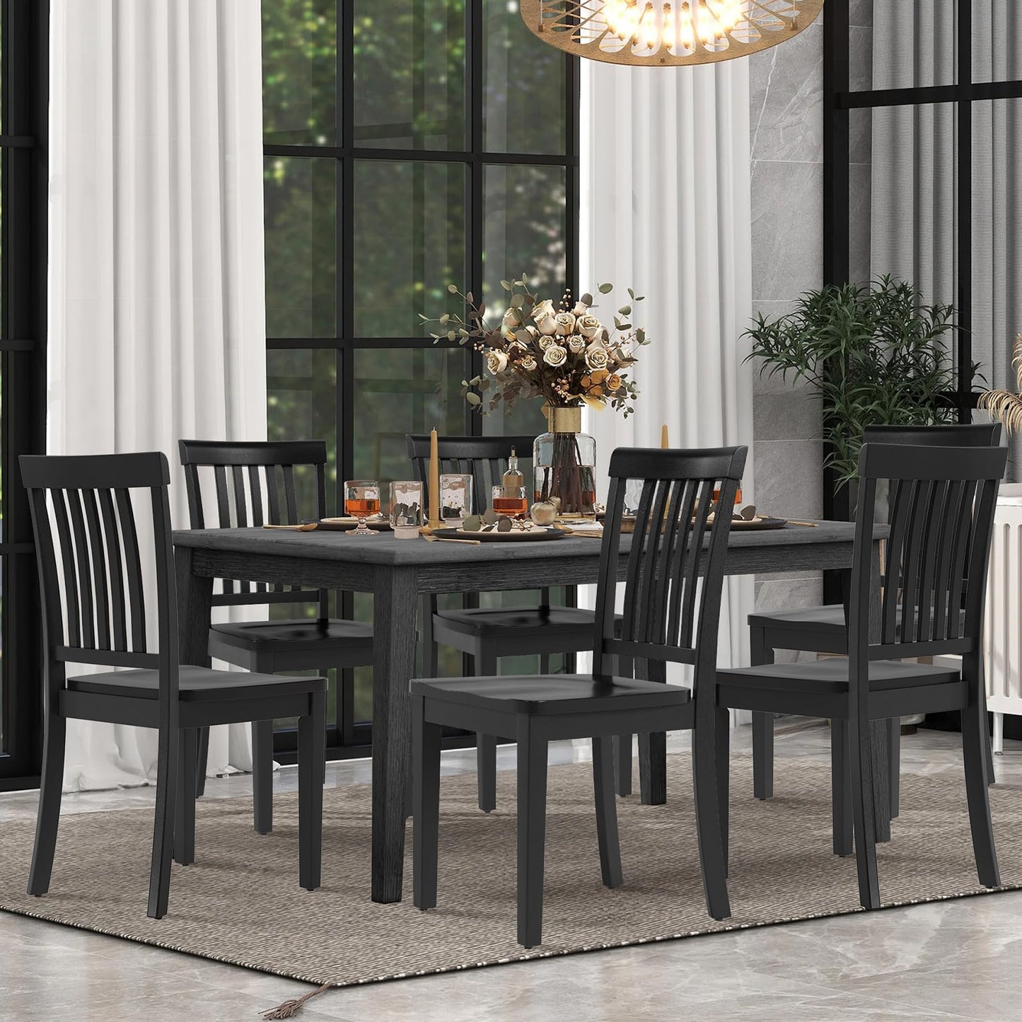 COLAMY Wooden Dining Chairs Set of 6, Solid Rubberwood Kitchen & Dining Room Chairs, High Spindle Back Windsor Style, Modern Dining Table Chairs, Non-Slip Foot Pads, Minimalist Home Furniture,Black