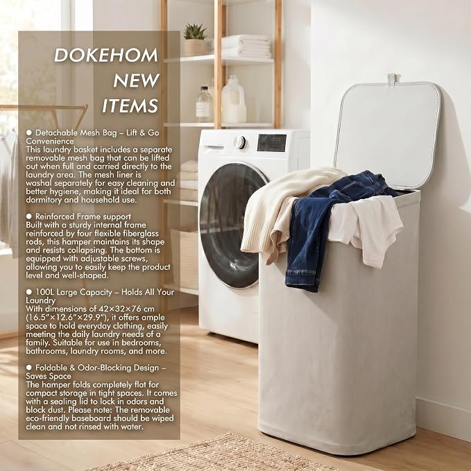 DOKEHOM 100L Laundry Hamper with Lid, Large Collapsible Laundry Basket with Removable Mesh Liner Bag, Collapsible Clothes Sorter for Bedroom, Bathroom, College Dorm, Light Grey
