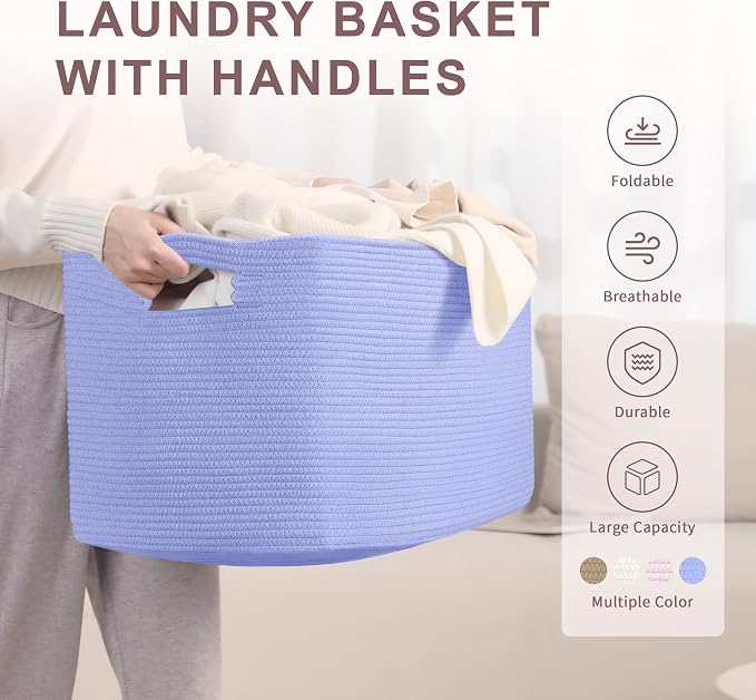 86L Large Baby Girls Laundry Basket for Nursery Storage,Cute Woven cotton Rope Baskets for Kids Toy，Gifts, Boho Square Wicker Blanket hamper for Living Room,Bedroom Dirty Clothes,Blue Purple