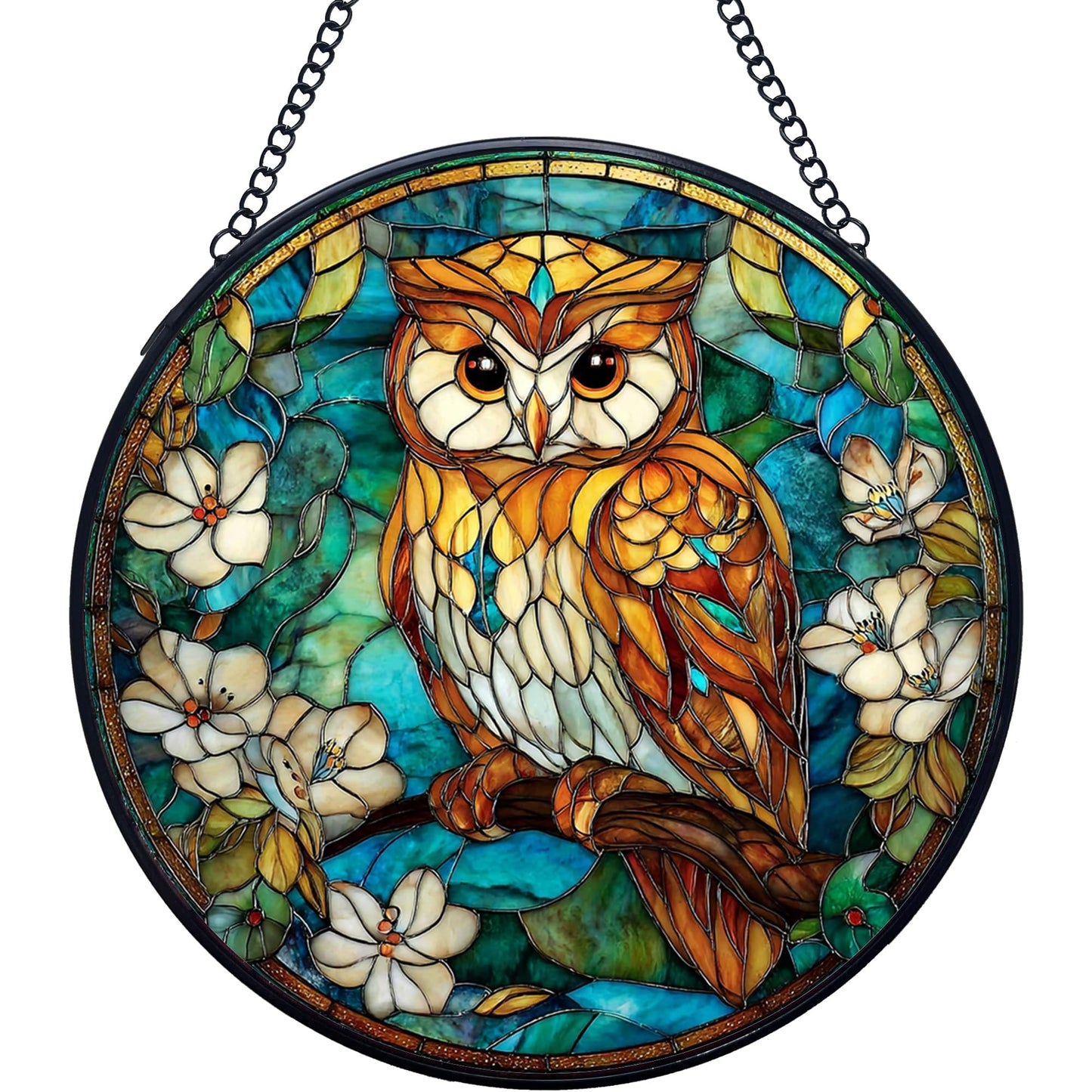 Yjeslw Owl Bird Stained Glass Window Hanging Suncatchers, Owl Flower Sun Catchers Indoor Window Glass Wall Art Decor, Bird Wall Hanging Decorations Sculptures, 7.9x7.9in